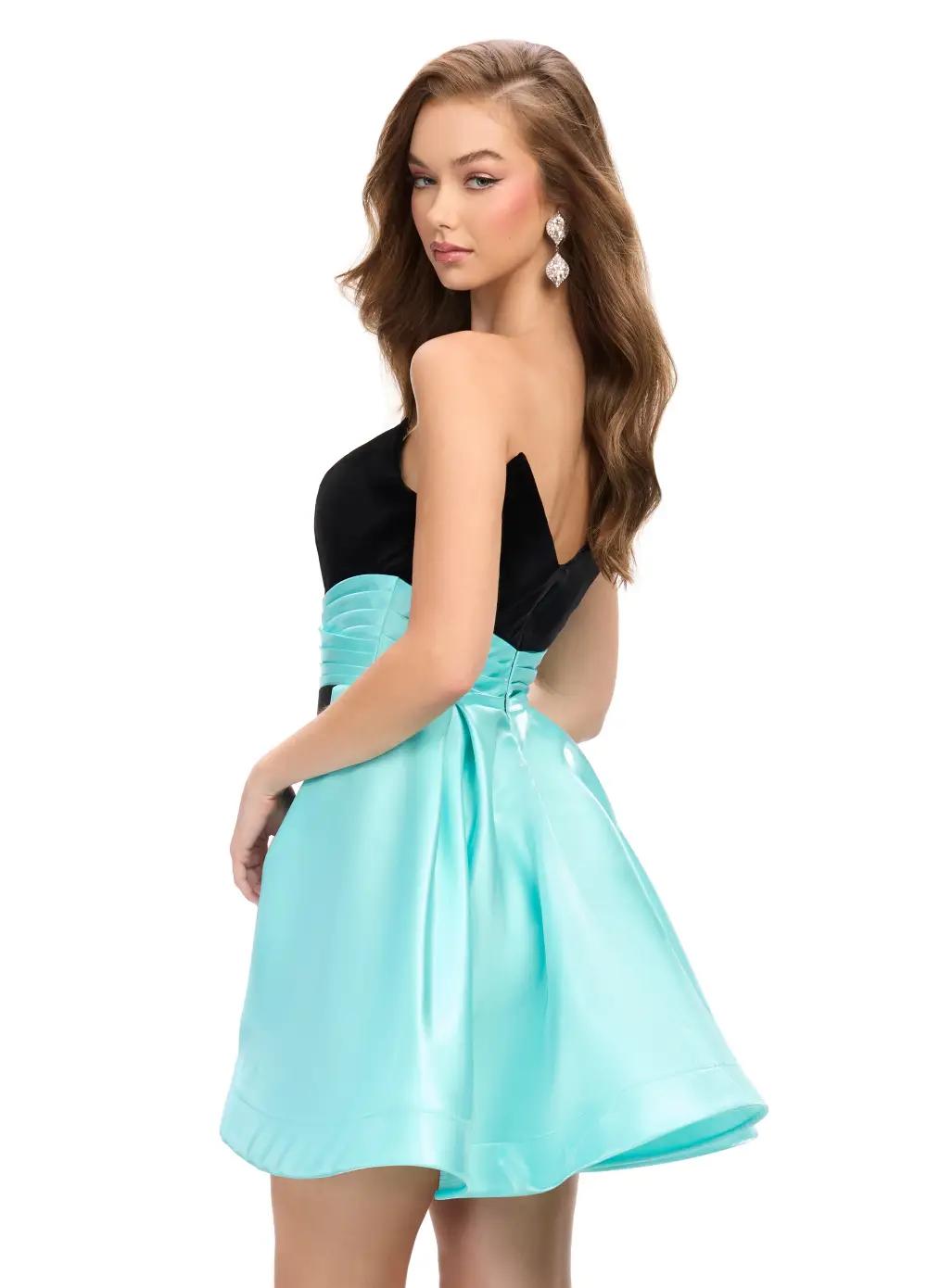 Back - Black/Aqua ASHLEYlauren 4734 strapless stretch velvet cocktail dress featuring a fitted skirt, satin wrap belt, and an A-line satin overskirt for an elegant and sophisticated look.