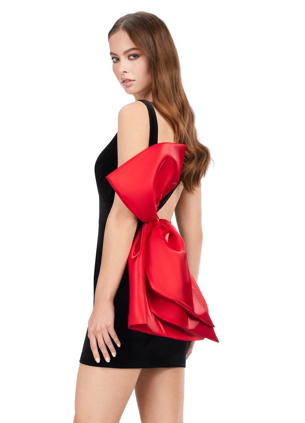 Back - Black/Red ASHLEYlauren 4646 velvet cocktail dress featuring a V-neckline, fitted skirt, and an asymmetric oversized satin bow at the back for a bold and glamorous statement look.