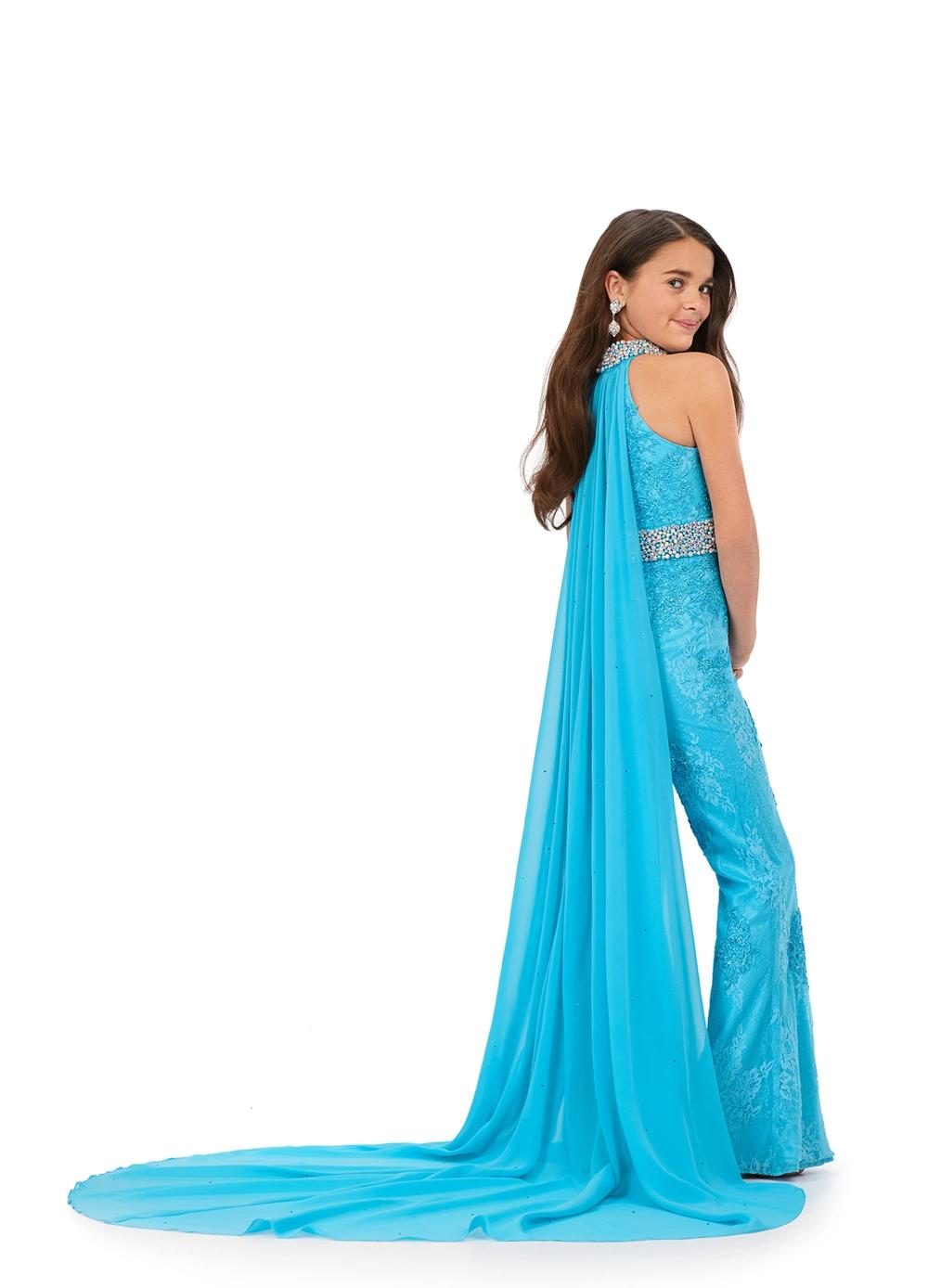 Back - Blue ASHLEYlauren Kids 8225 Embroidered Lace Jumpsuit with Chiffon Cape and Jeweled Belt