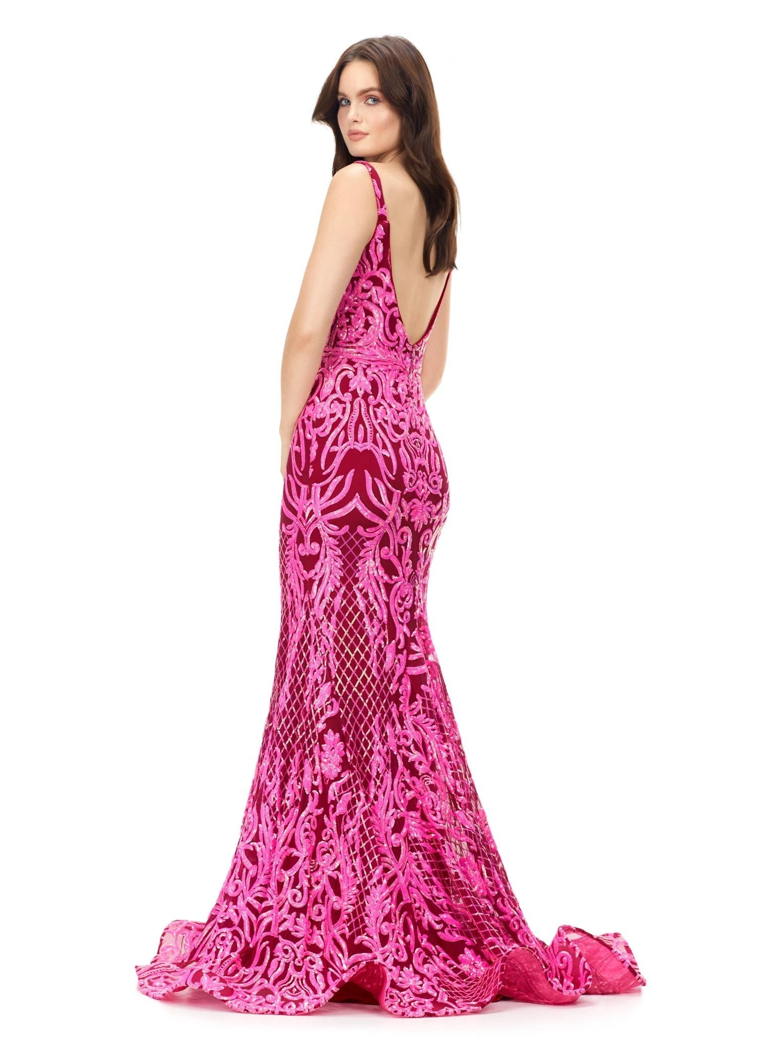Back - Burgundy ASHLEYlauren 11113 stretch sequin gown featuring spaghetti straps, an illusion V-neckline, deep V-back, and a horsehair hem for a sleek and glamorous statement look.