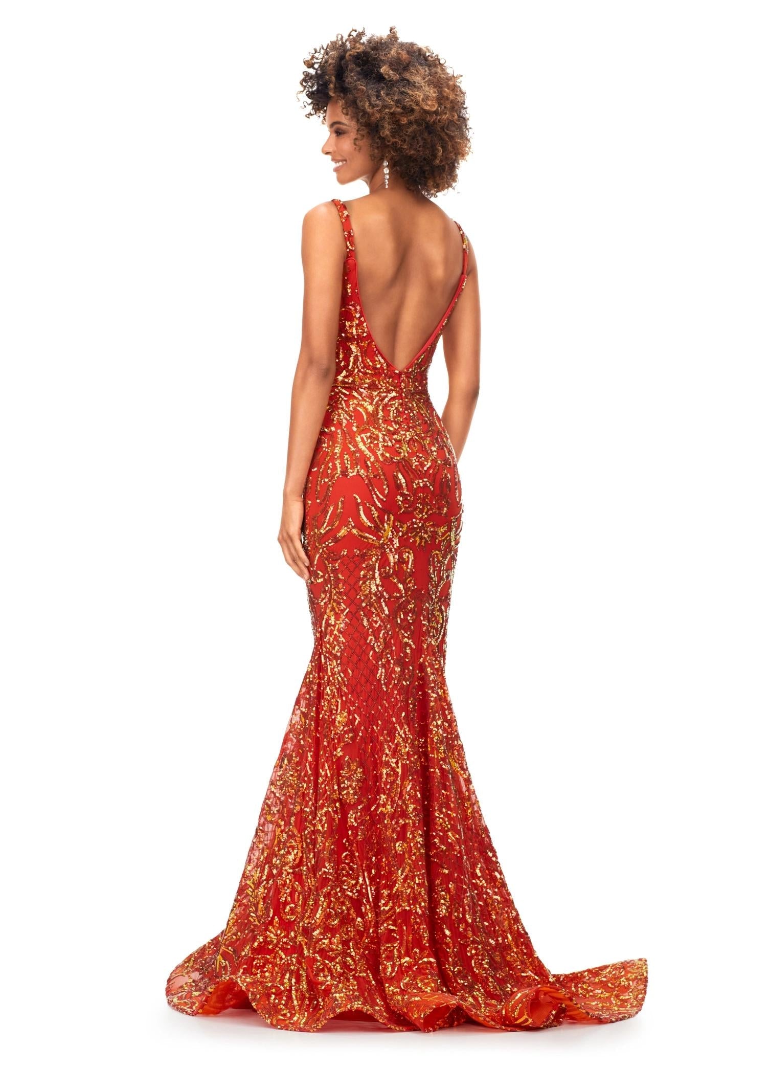 Back - Burnt Orange ASHLEYlauren 11113 stretch sequin gown featuring spaghetti straps, an illusion V-neckline, deep V-back, and a horsehair hem for a sleek and glamorous statement look.