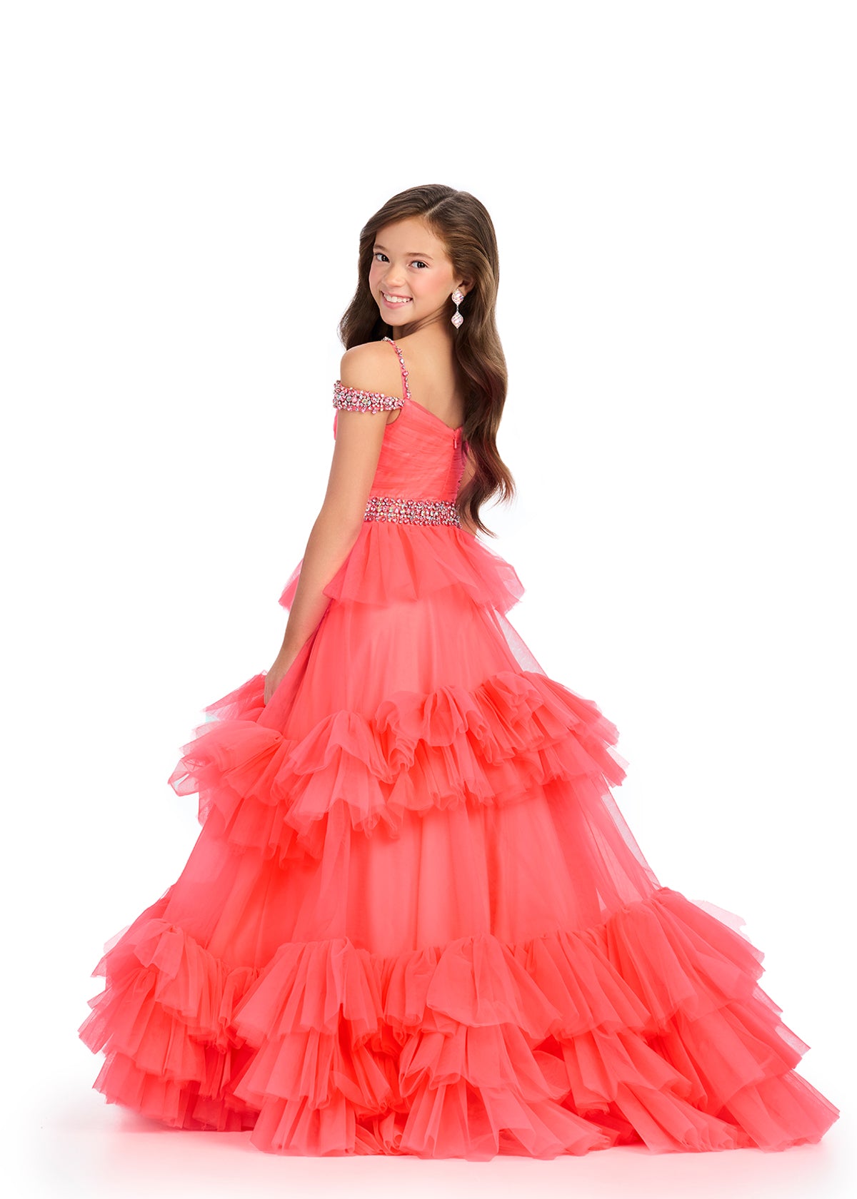 Back - Coral ASHLEYlauren 8281 stunning tulle kids ball gown featuring an off-shoulder design, ruched bodice, crystal-encrusted straps, a beaded waistline, and a tiered skirt for a show-stopping and elegant look.