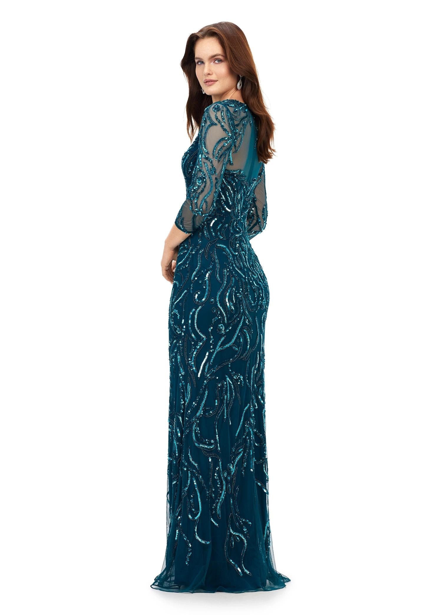 Back - Dark teal ASHLEYlauren 11208 Elegant Evening Gown with Crew Neckline, Intricate Hand Beaded Design, Fitted Mesh Sleeves, and High Illusion Back