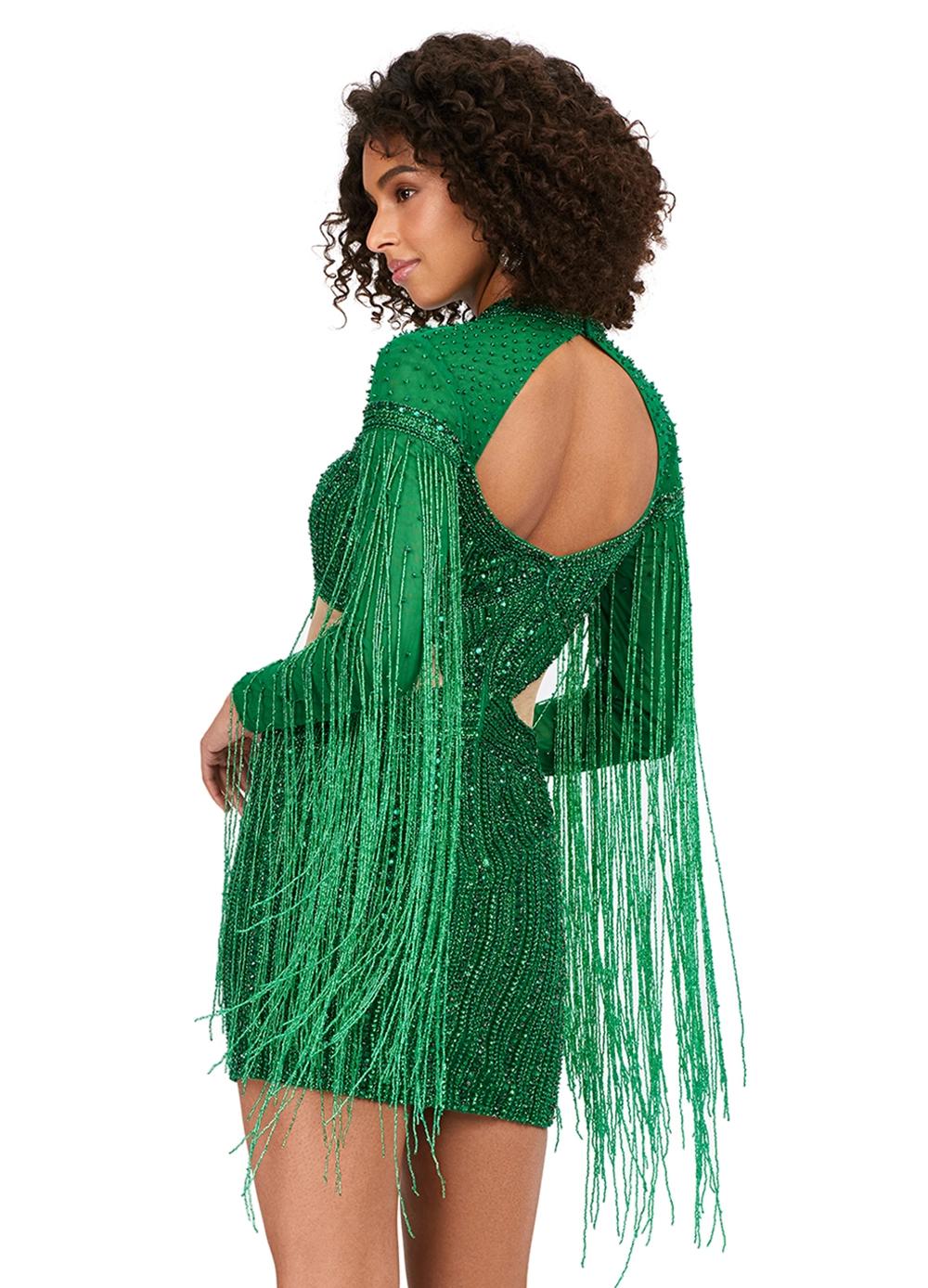 Back - Emerald ASHLEYlauren 4601 fully beaded cocktail dress featuring a sweetheart neckline, illusion cut outs at the waist, open back, fitted skirt, and long sleeves with fringe for a dramatic and show-stopping look.