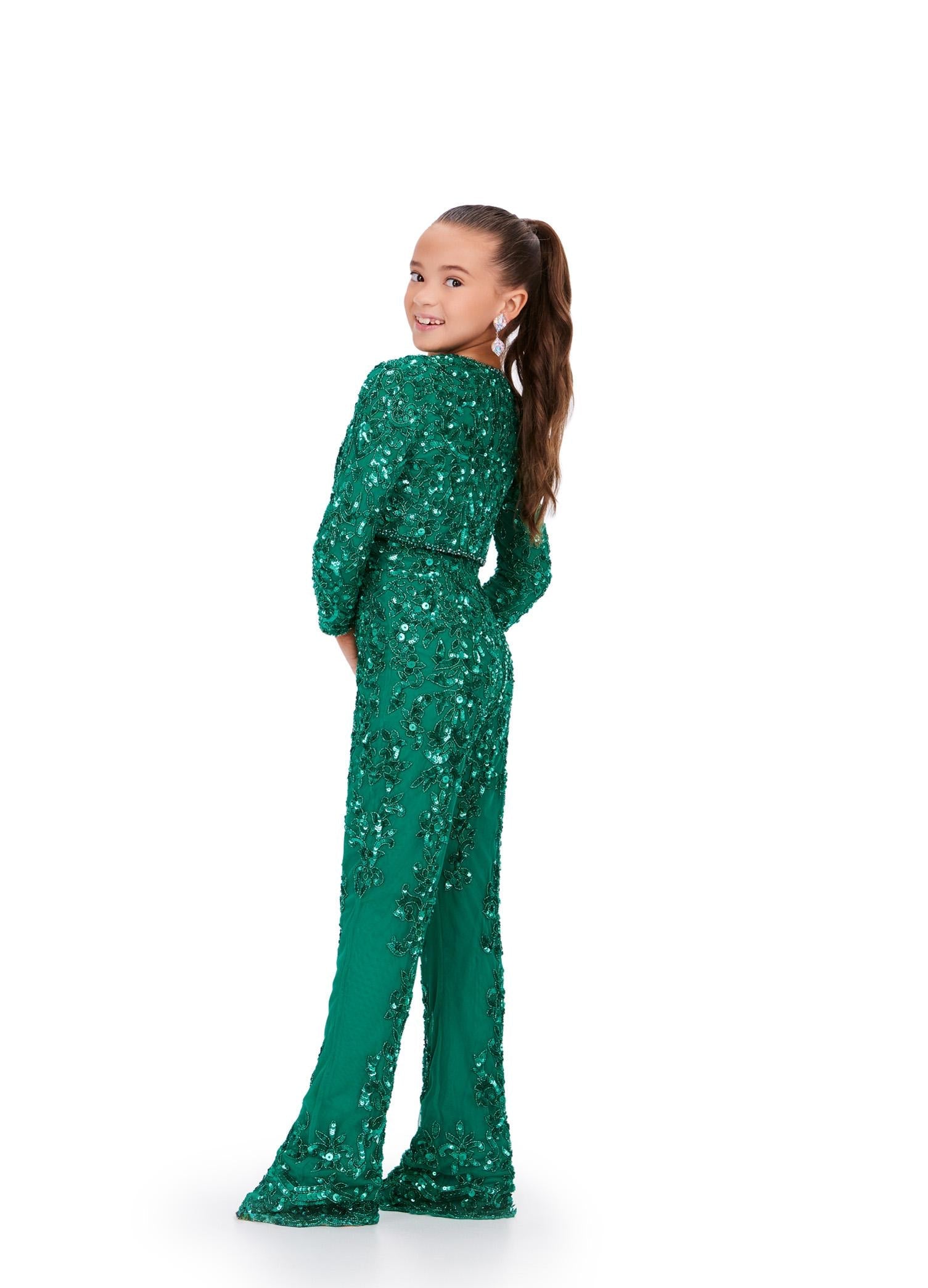 Back - Emerald ASHLEYlauren 8232 Fully Beaded Two-Piece Jumpsuit with Spaghetti Straps and Jacket