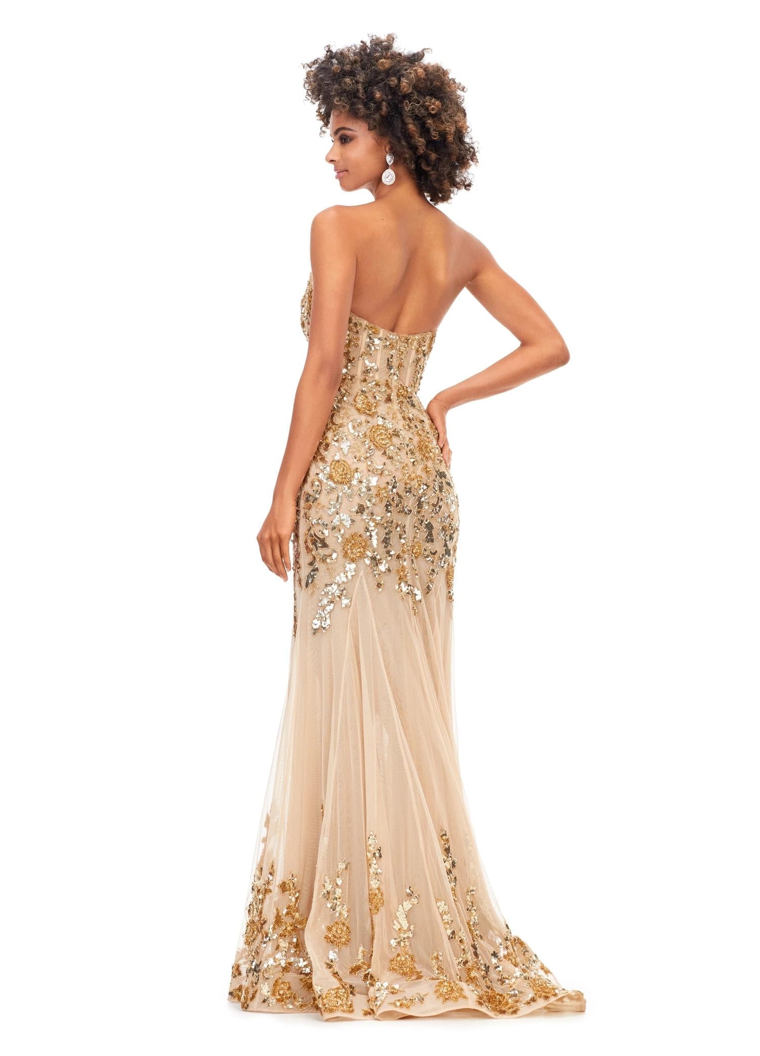 Back - Gold ASHLEYlauren 11361 strapless mermaid gown featuring an intricate hand-beaded bustier, sweetheart neckline, illusion lining, and a horsehair hemline for added structure.