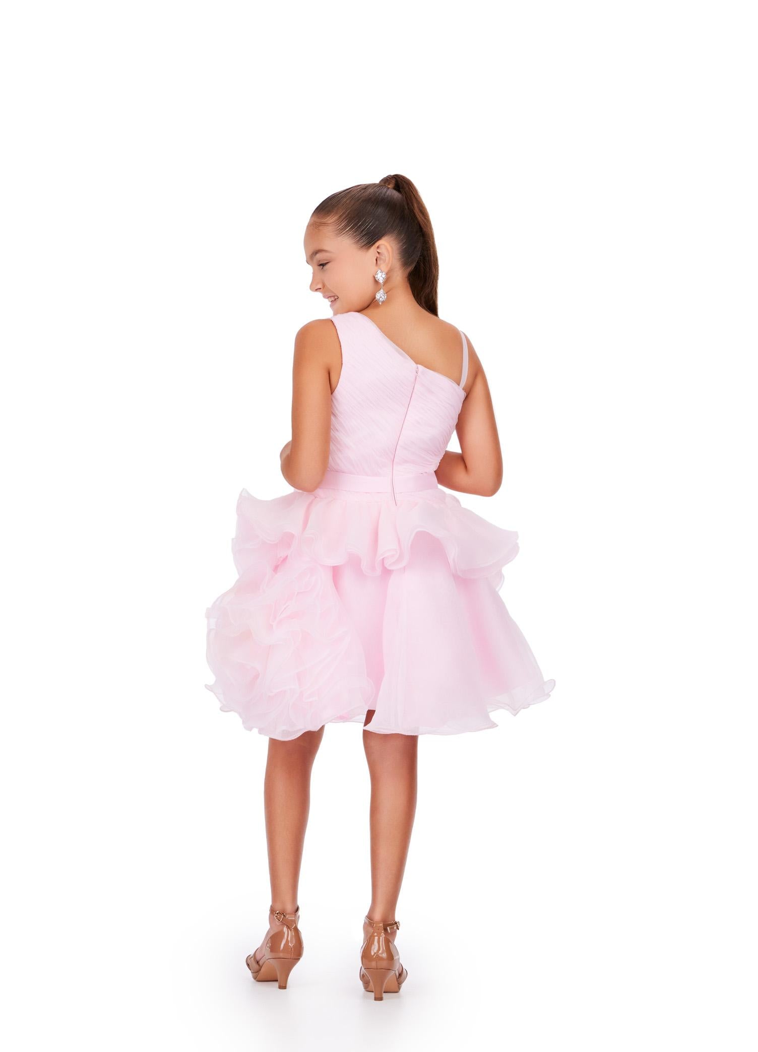 Back - Ice Pink ASHLEYlauren 8251 chic kids A-line cocktail dress featuring a one shoulder design, ruched bodice, and ruffle-accented organza skirt for a stylish and elegant look.