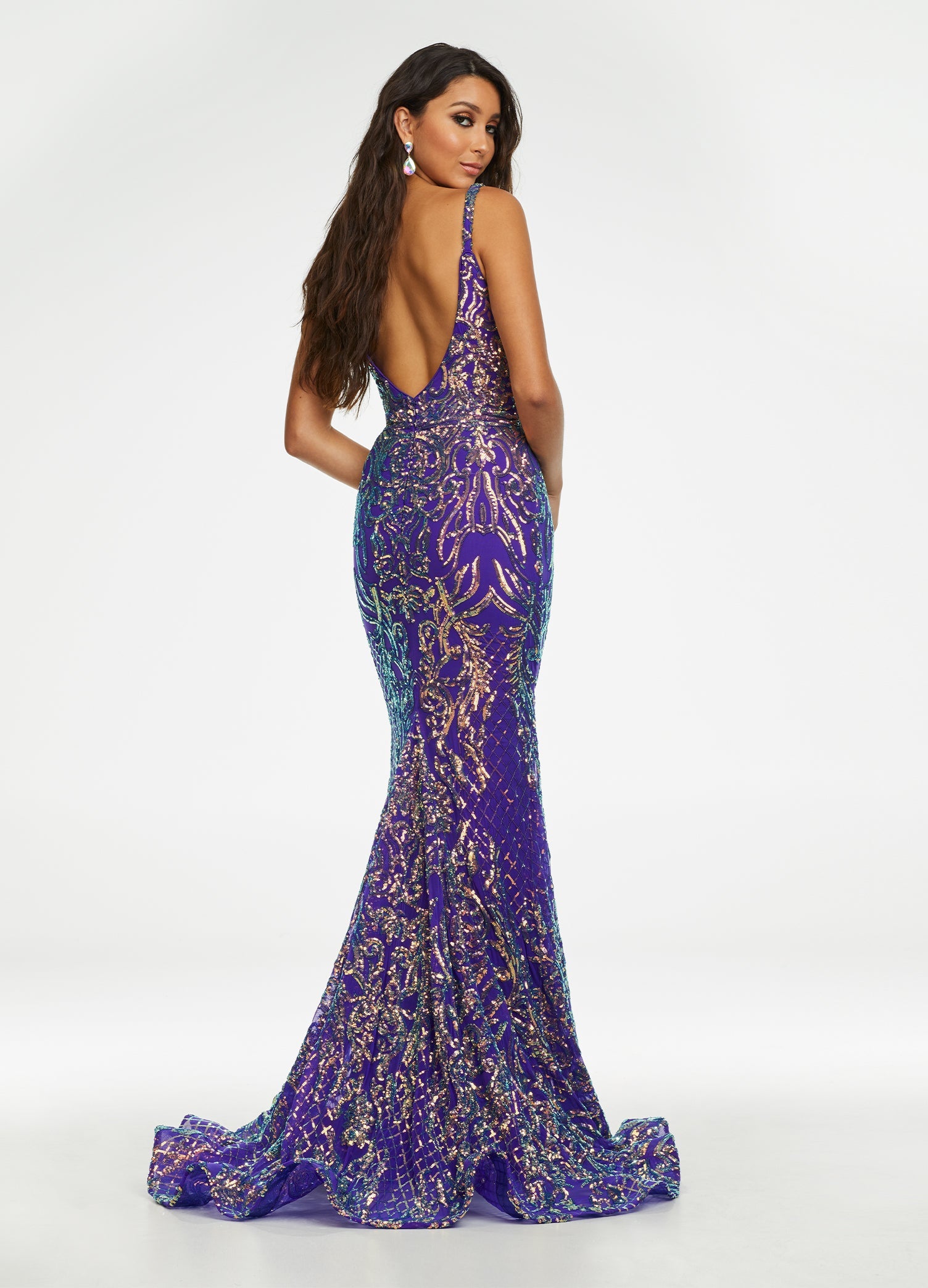 Back - Iridescent Purple ASHLEYlauren 11113 stretch sequin gown featuring spaghetti straps, an illusion V-neckline, deep V-back, and a horsehair hem for a sleek and glamorous statement look.