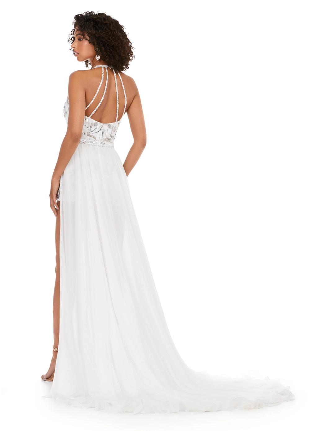 Back - Ivory ASHLEYlauren 11386 halter romper featuring a deep V-neckline, open back, and a flowing chiffon overskirt for a chic and elegant look.
