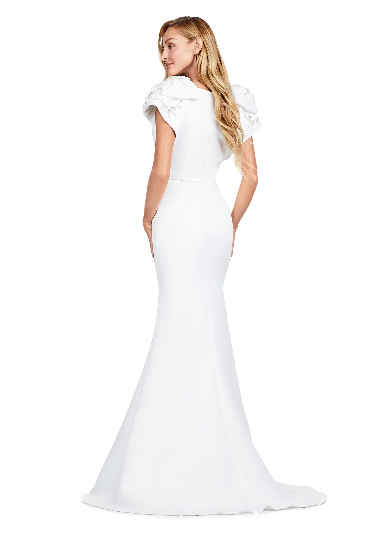 Back - Ivory ASHLEYlauren 11415 double-faced satin gown featuring a crew neckline, oversized bow shoulder details, and radiant beading on layered shoulder straps for an elegant finish.