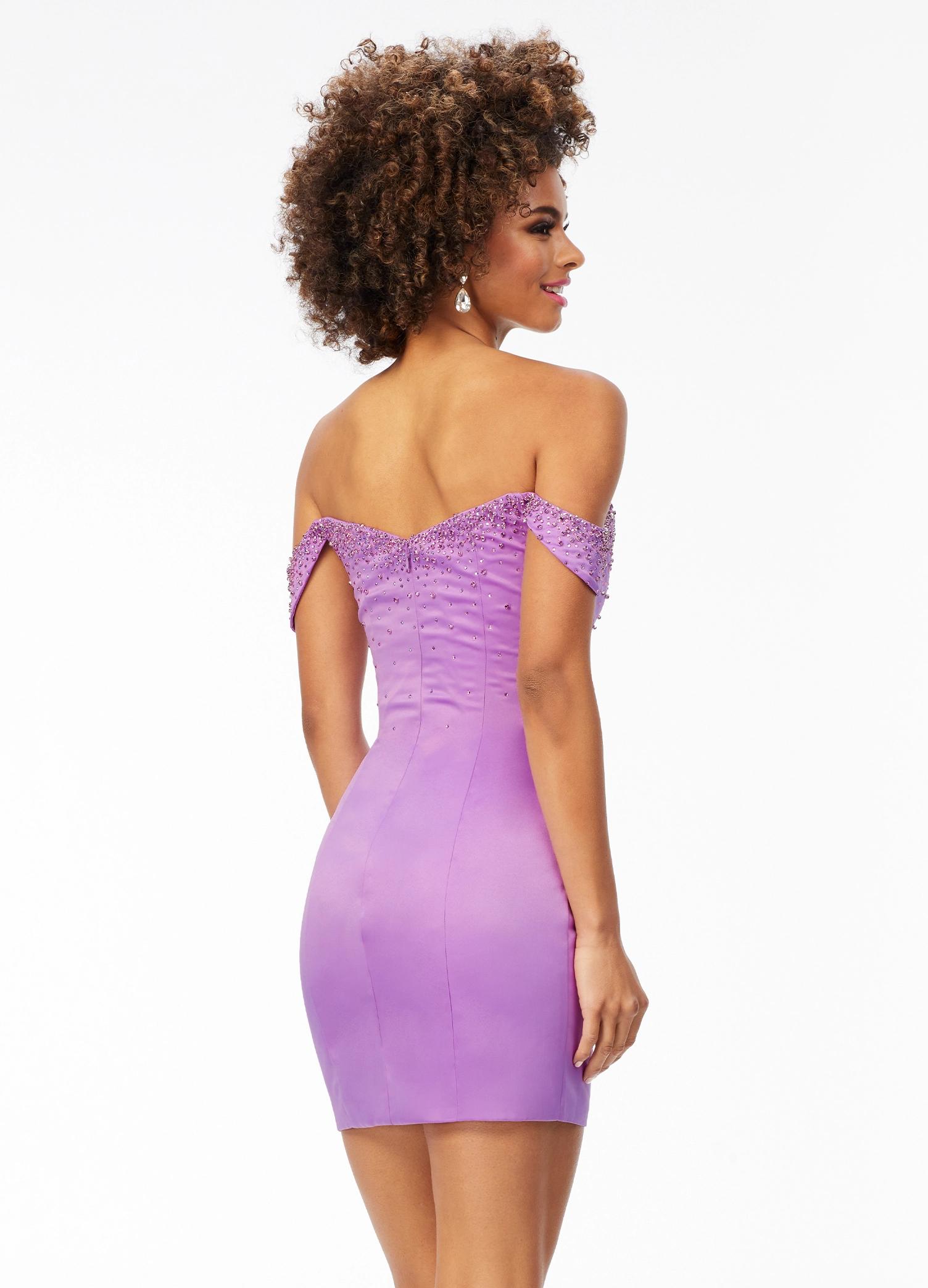 Back - Lilac ASHLEYlauren 4531 satin cocktail dress featuring an off shoulder sweetheart neckline with crystal embellishments, double-layered bustier, and a contour-seamed fitted skirt for an elegant and sophisticated look.
