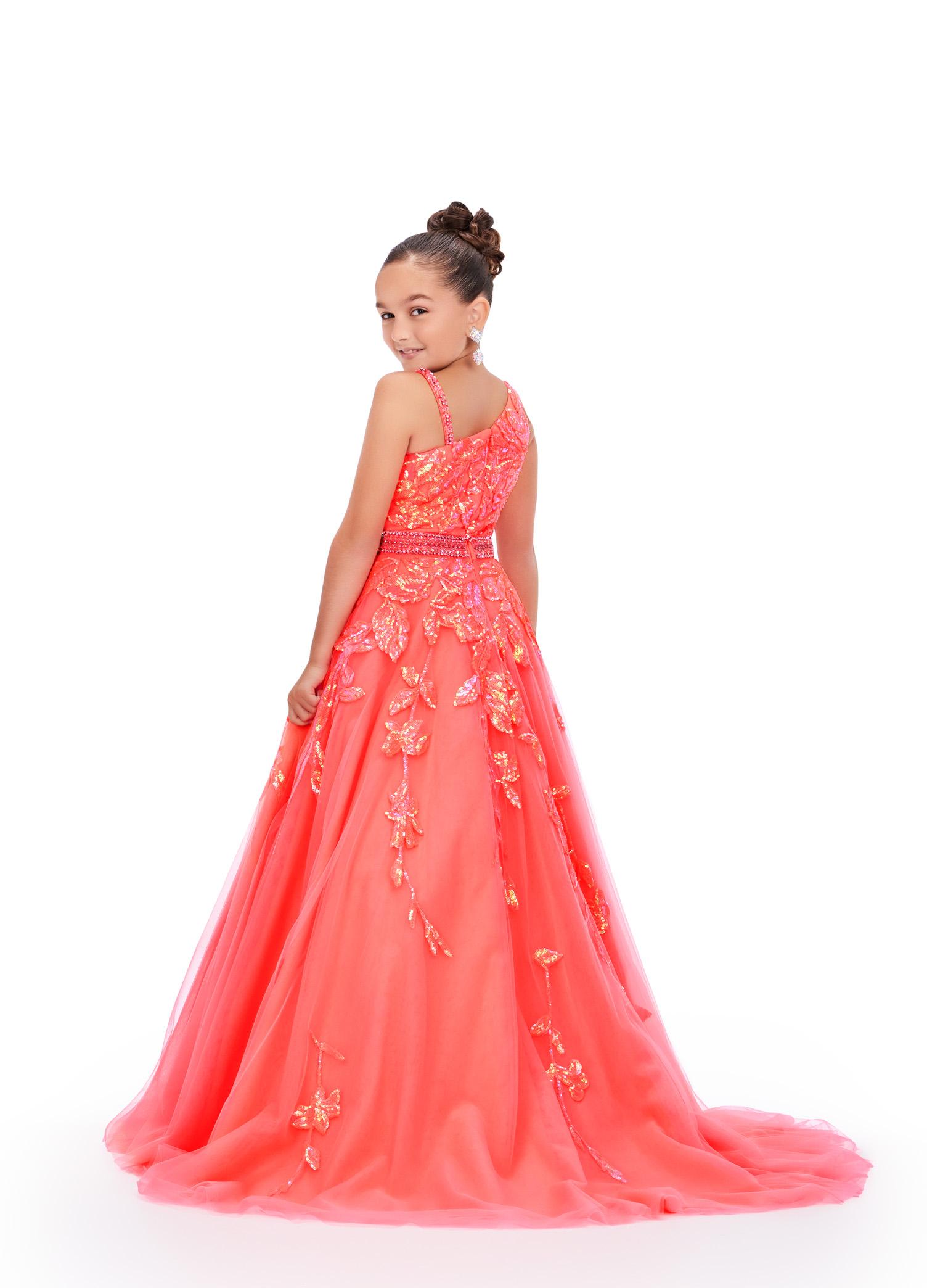 Back - Neon Coral ASHLEYlauren 8240 kids tulle ball gown featuring a one shoulder design, sequin applique bodice, beaded waistline, and cascading sequin details onto the full A-line skirt for a dazzling and elegant look.