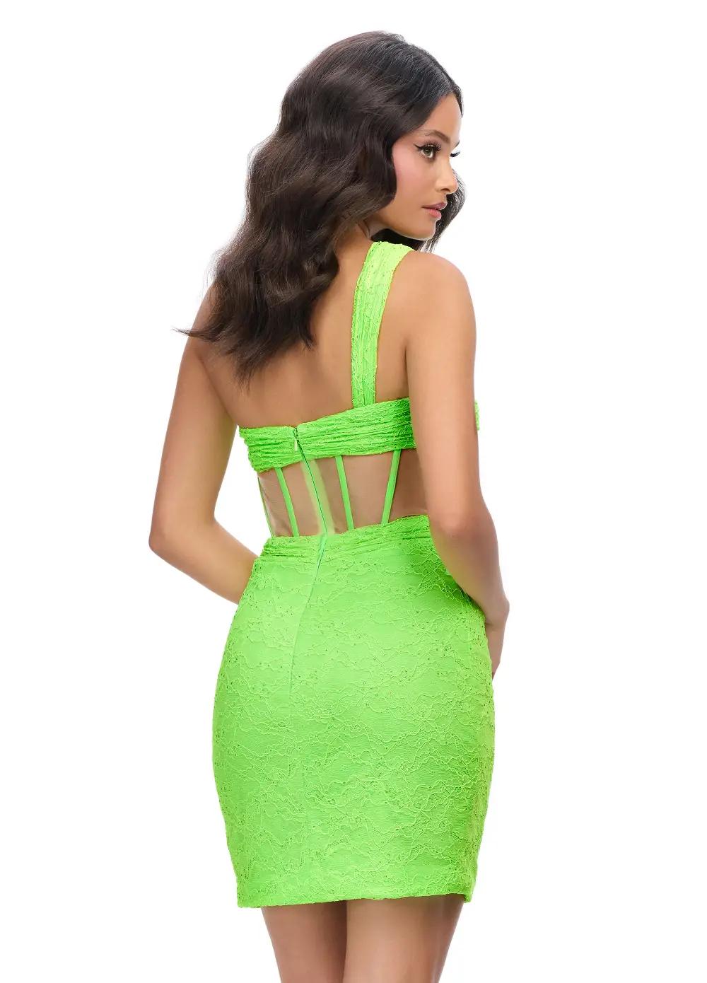 Back - Neon Green ASHLEYlauren 4694 pink cocktail dress featuring spaghetti straps, an illusion V-neckline, corset bustier, press-on stone embellishments, and a fitted skirt for a glamorous and head-turning look.