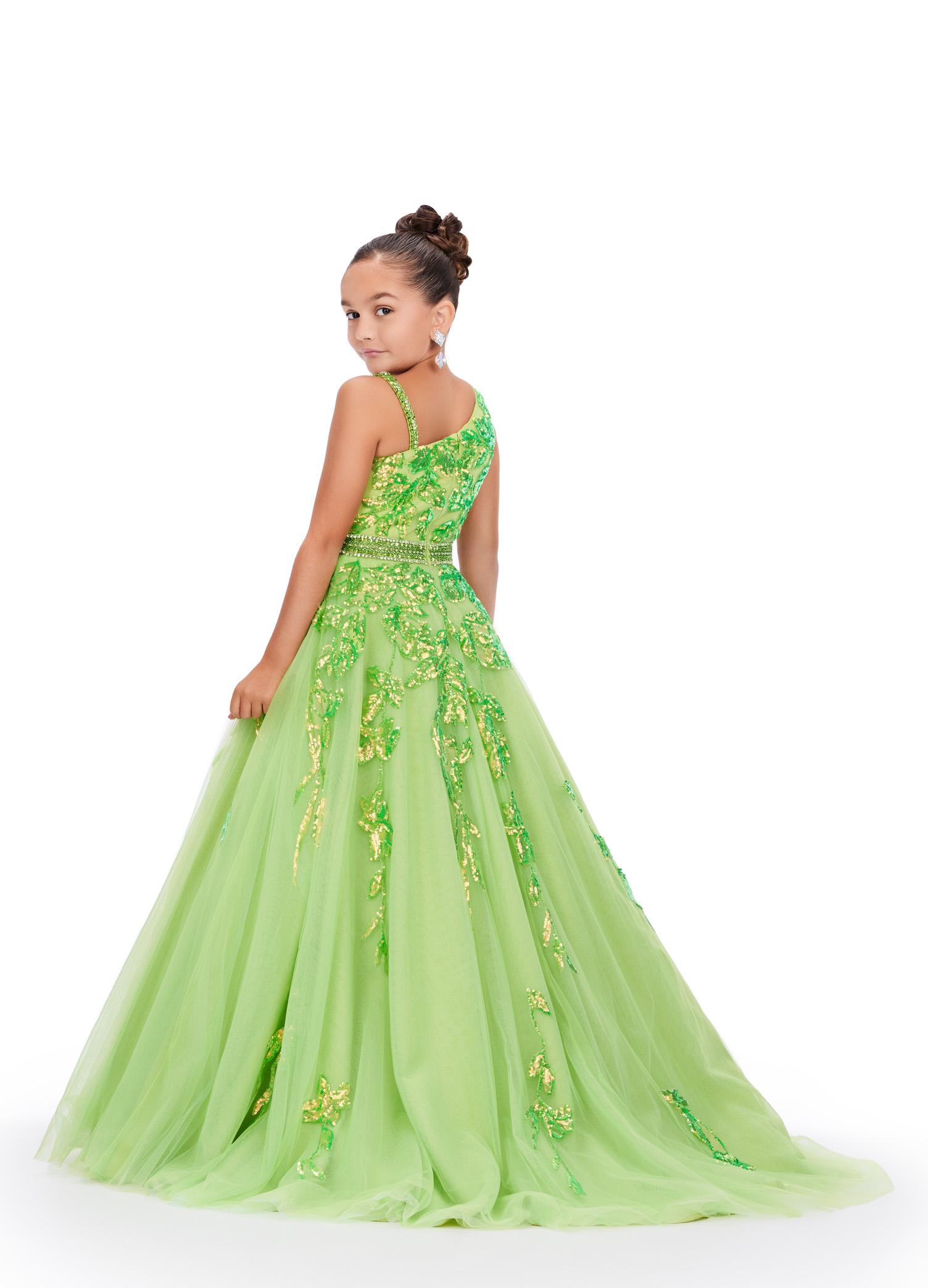 Back - Neon Green ASHLEYlauren 8240 kids tulle ball gown featuring a one shoulder design, sequin applique bodice, beaded waistline, and cascading sequin details onto the full A-line skirt for a dazzling and elegant look.