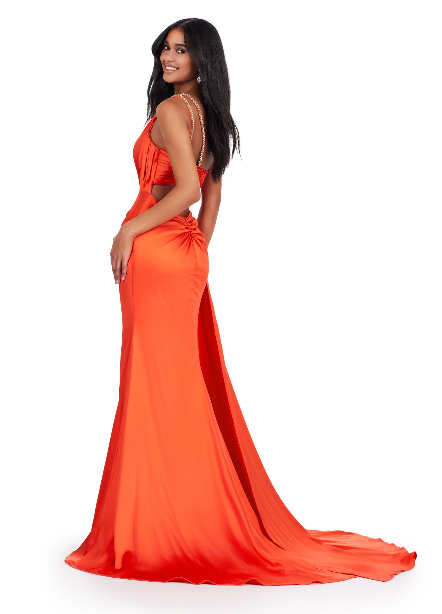 Back - Orange ASHLEYlauren 11537 one shoulder satin gown featuring a ruched bustier, beaded crystal straps and waist accents, and a draped side skirt for an elegant, glamorous finish.