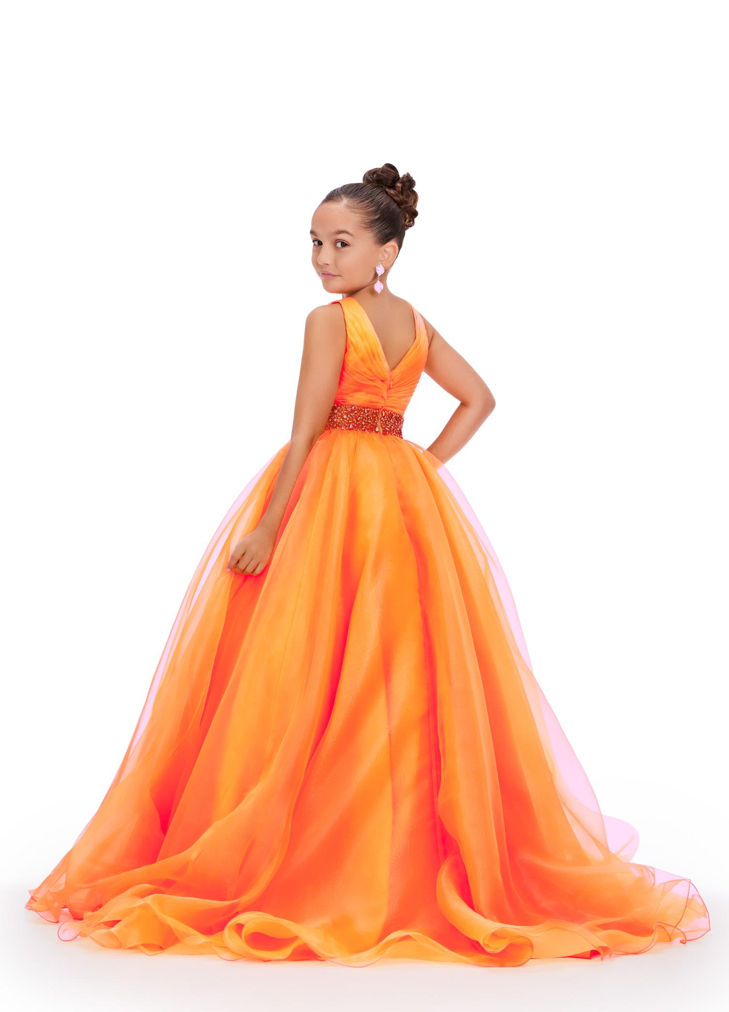 Back - Orange ASHLEYlauren 8249 kids ball gown featuring a V-neckline, ruched bodice, crystal beaded waistline, and a full organza A-line skirt for a graceful and elegant look.