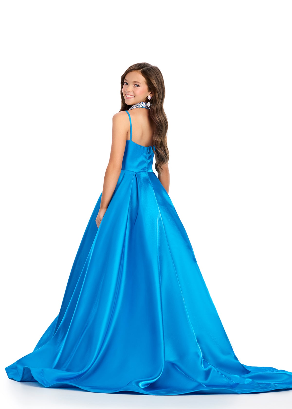 Back - Peacock ASHLEYlauren 8275 elegant satin kids ball gown featuring delicate spaghetti straps, an A-line skirt, a matching fully beaded choker, and a sweep train for a timeless and sophisticated look.