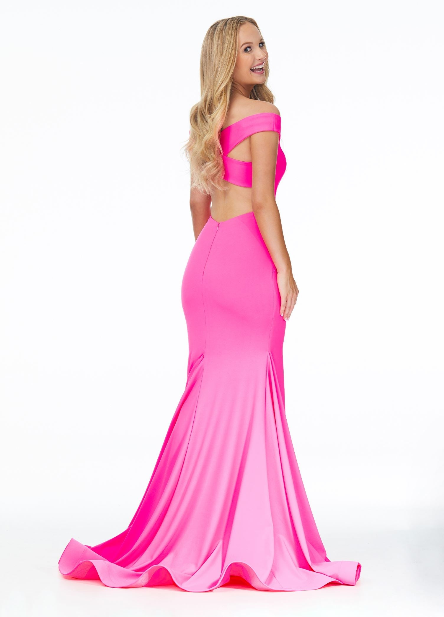 Back - Pink ASHLEYlauren 11025 off shoulder scuba gown featuring a sweetheart neckline, signature crisscross strappy back, fitted silhouette, and a sweep train for an elegant and sophisticated look. 