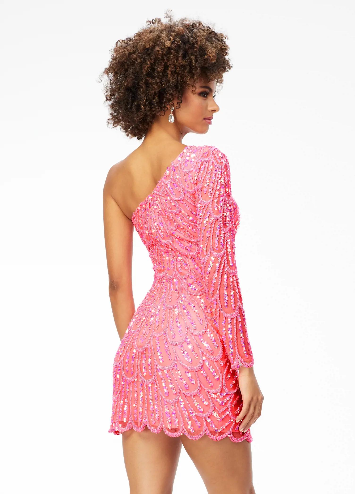 Back - Pink ASHLEYlauren 4498 fitted one shoulder cocktail dress featuring an intricate peacock-inspired sequin bead pattern, single sleeve, and a front left leg slit for a bold and elegant look.