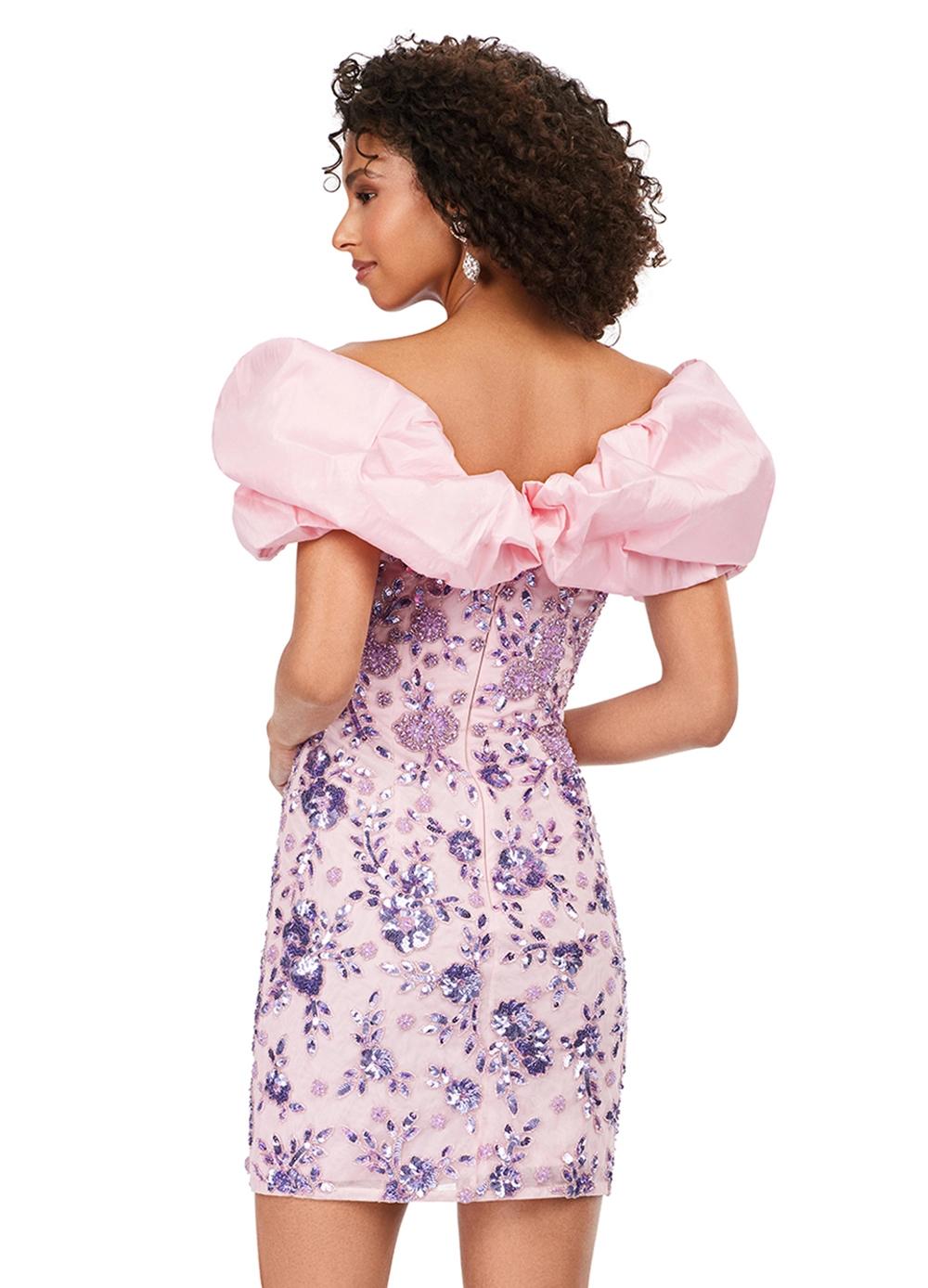 Back - Pink ASHLEYlauren 4613 fully beaded cocktail dress featuring an off shoulder neckline with oversized taffeta ruffle detail and a fitted skirt for a bold and fun statement look.