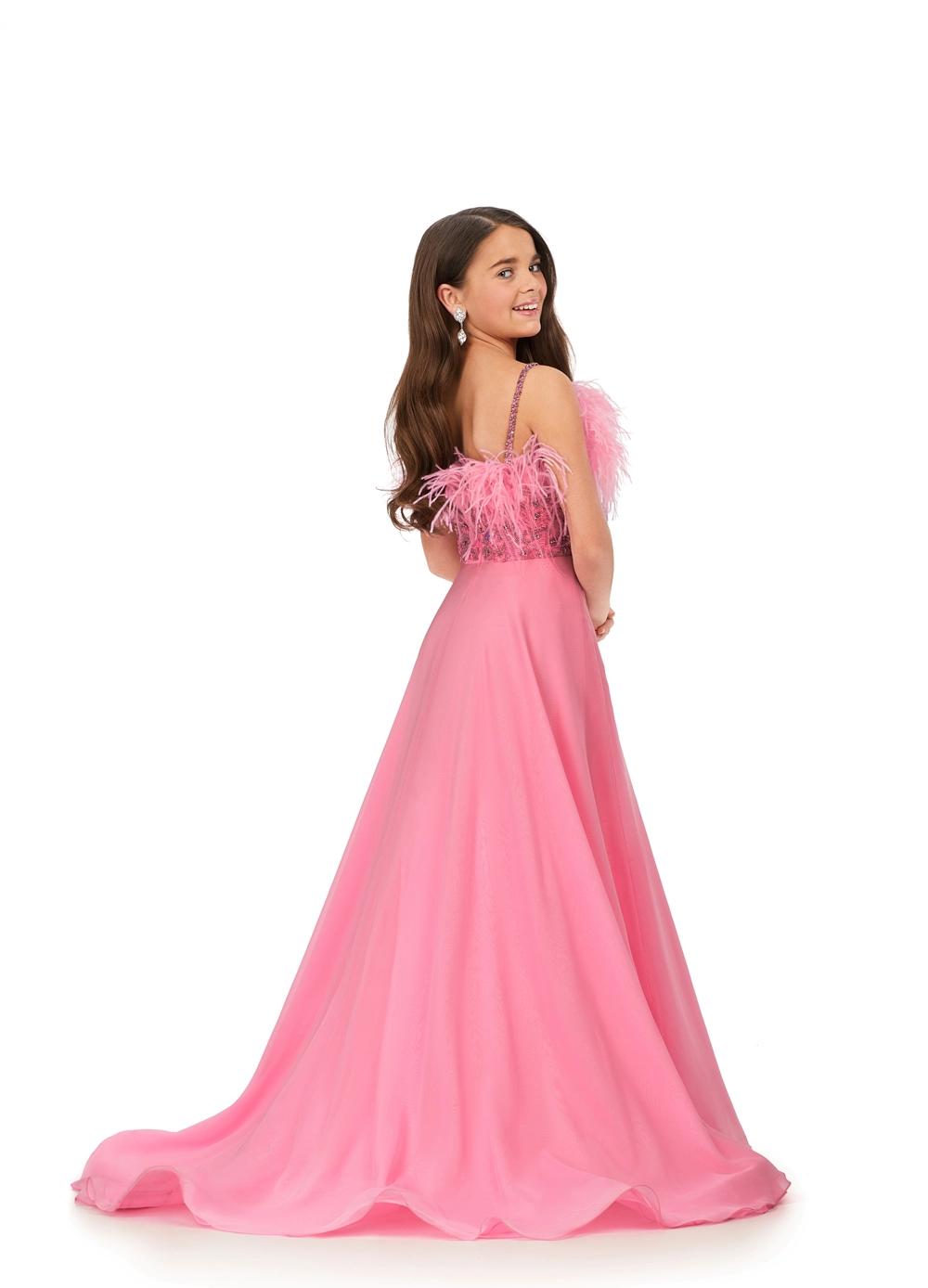 Back - Pink ASHLEYlauren 8236 fun and flowy A-line ball gown featuring delicate spaghetti straps, a beaded bustier adorned with a mix of beads and feathers, creating a bold and statement-making look.
