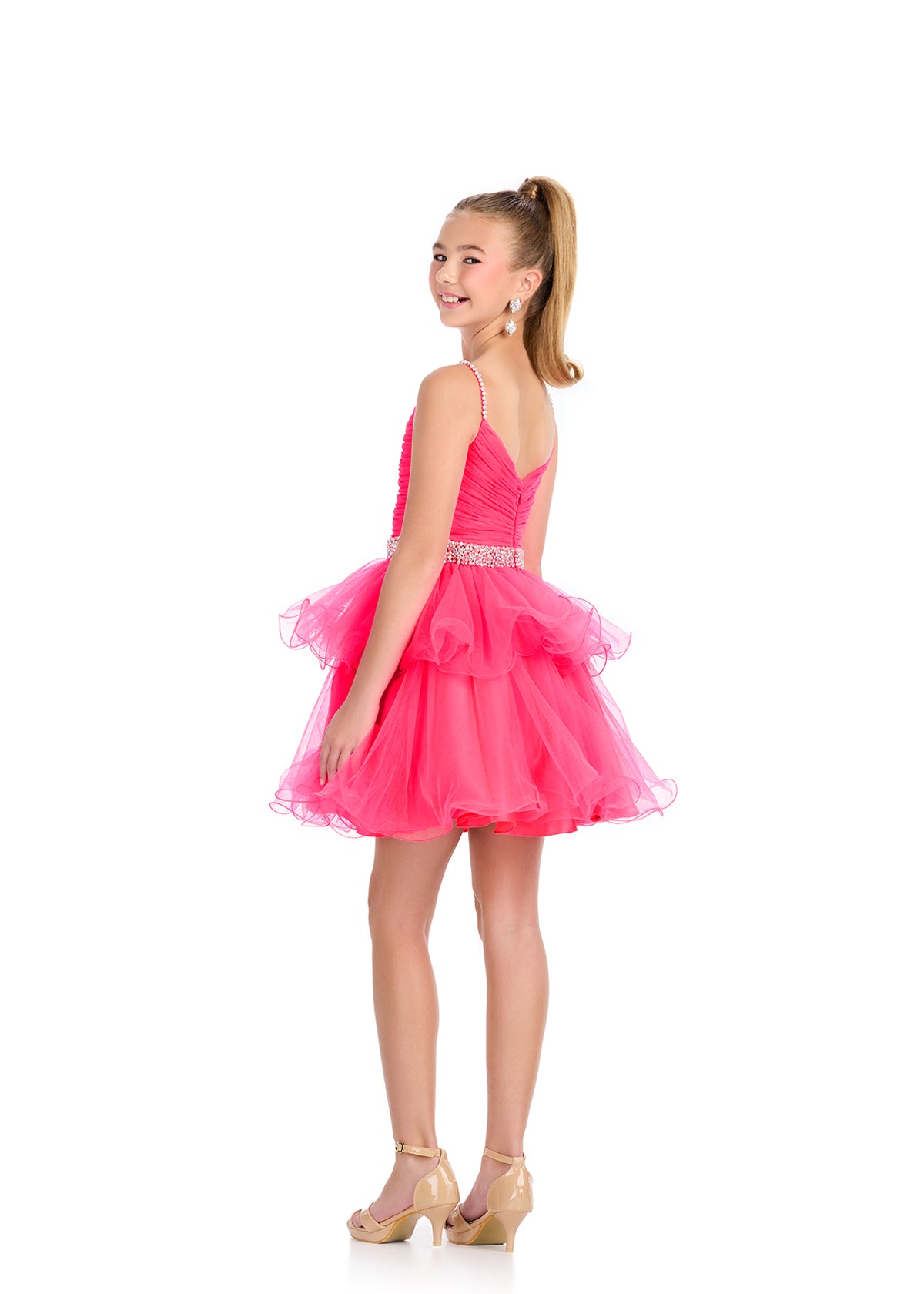 Back - Pink ASHLEYlauren 8279 adorable tulle kids cocktail dress featuring a ruched bodice, V-back, beaded waistband and straps, and a tiered ruffle A-line skirt for a fun and elegant look.
