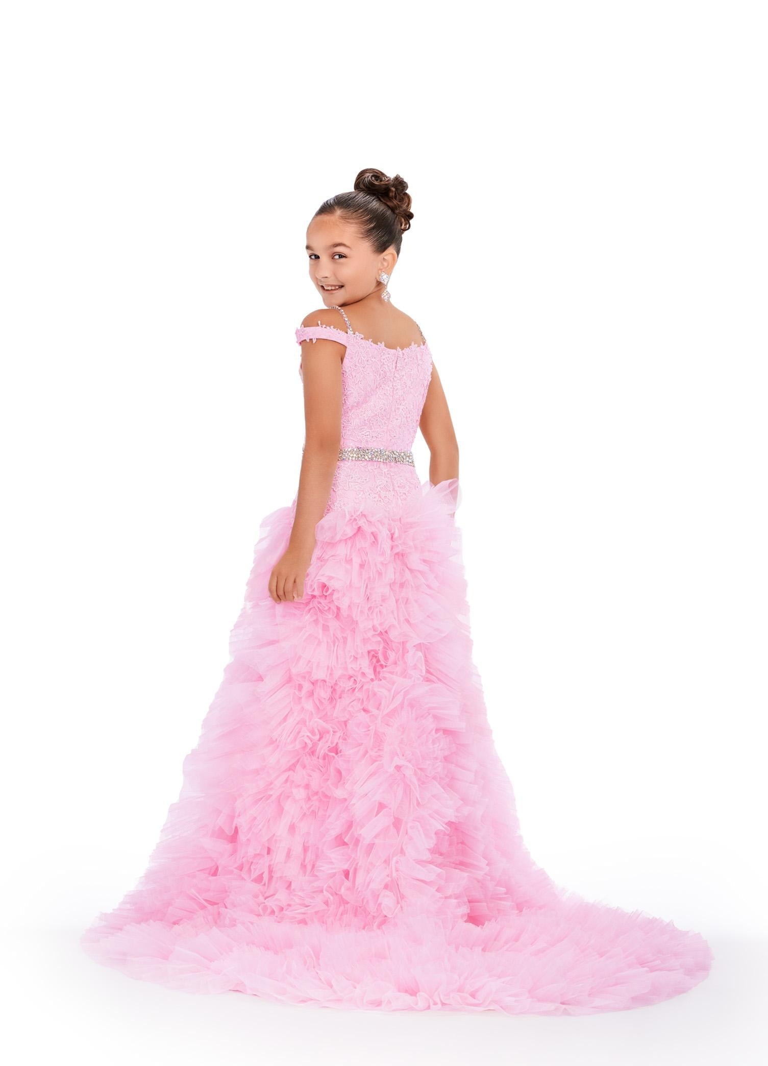 Back - Pink ASHLEYlauren Kids 8224 Off Shoulder Gown with Embroidered Lace and Ruffled Tulle Skirt