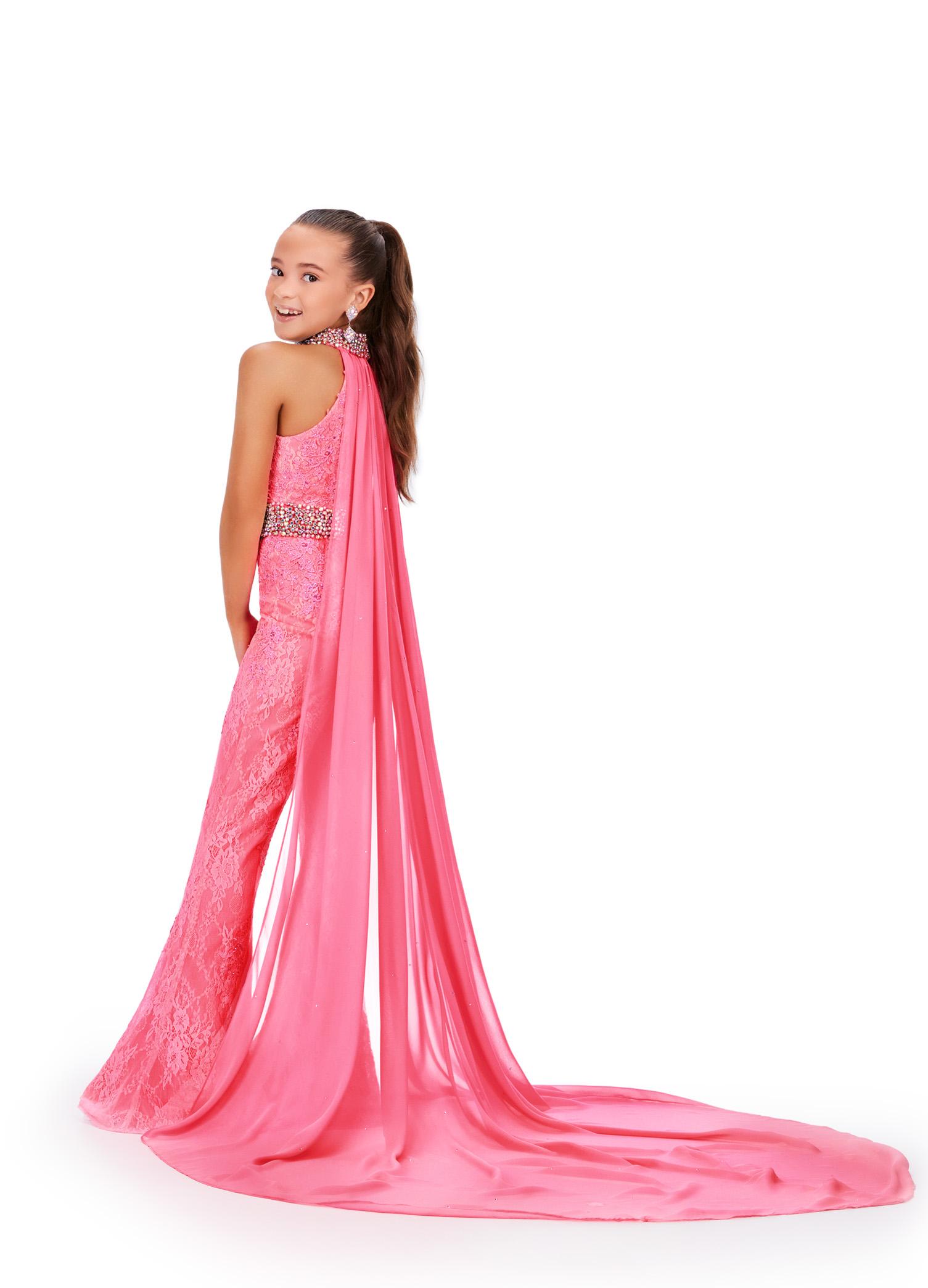 Back - Pink ASHLEYlauren Kids 8225 Embroidered Lace Jumpsuit with Chiffon Cape and Jeweled Belt