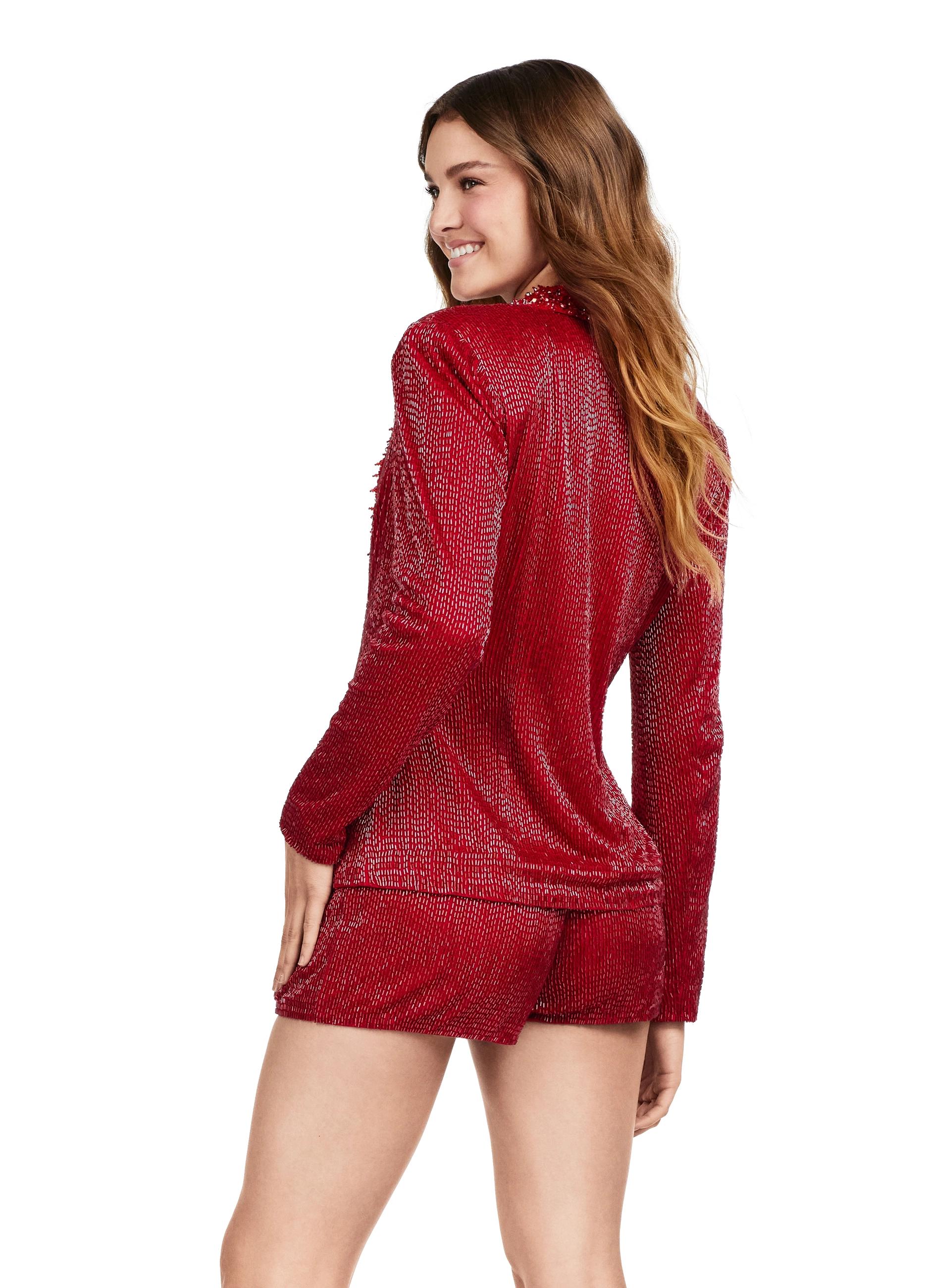 Back - Red ASHLEYlauren 4632 fully liquid beaded two-piece romper featuring a V-neckline, crystal and chunky stone-embellished lapel, and a bold, statement-making design perfect for any glamorous event.