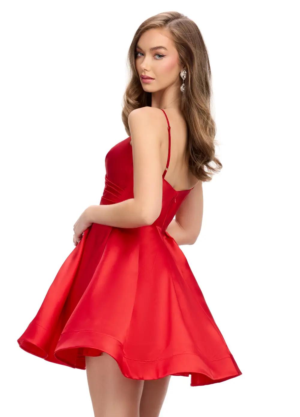 Back - Red ASHLEYlauren 4780 classic satin cocktail dress featuring delicate spaghetti straps, a sweetheart neckline, and an elegant A-line skirt for a timeless and sophisticated look.