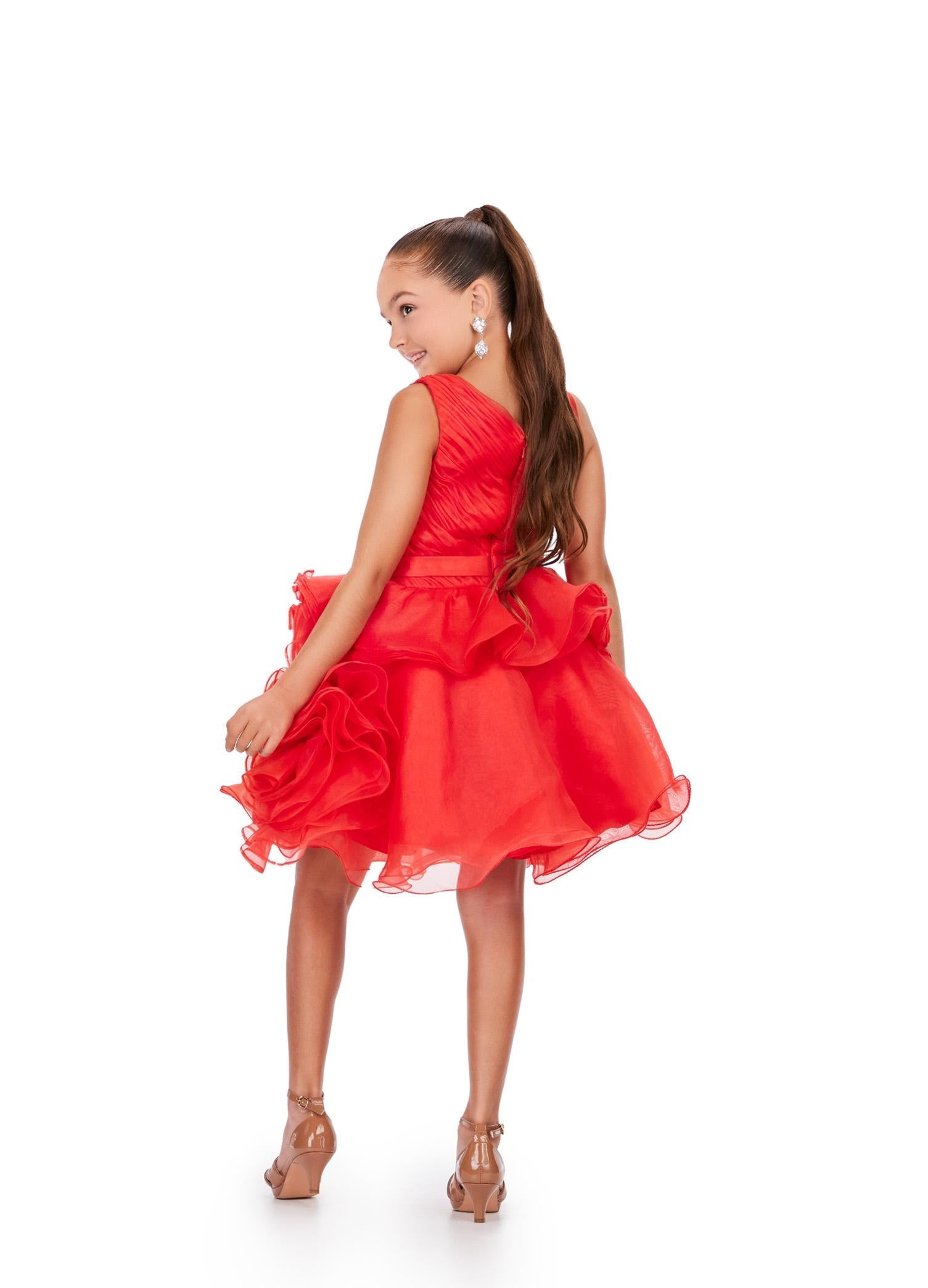 Back - Red ASHLEYlauren 8251 chic kids A-line cocktail dress featuring a one shoulder design, ruched bodice, and ruffle-accented organza skirt for a stylish and elegant look.