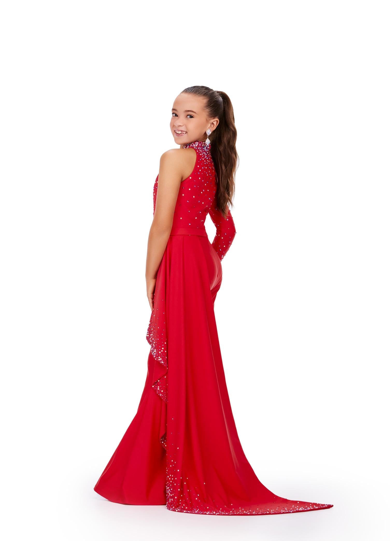 Back - Red ASHLEYlauren 8253 stylish scuba jumpsuit featuring a high neckline, one sleeve embellished with scattered heat-set stones, and a side ruffle skirt adorned with matching beaded details for a bold and sassy look.
