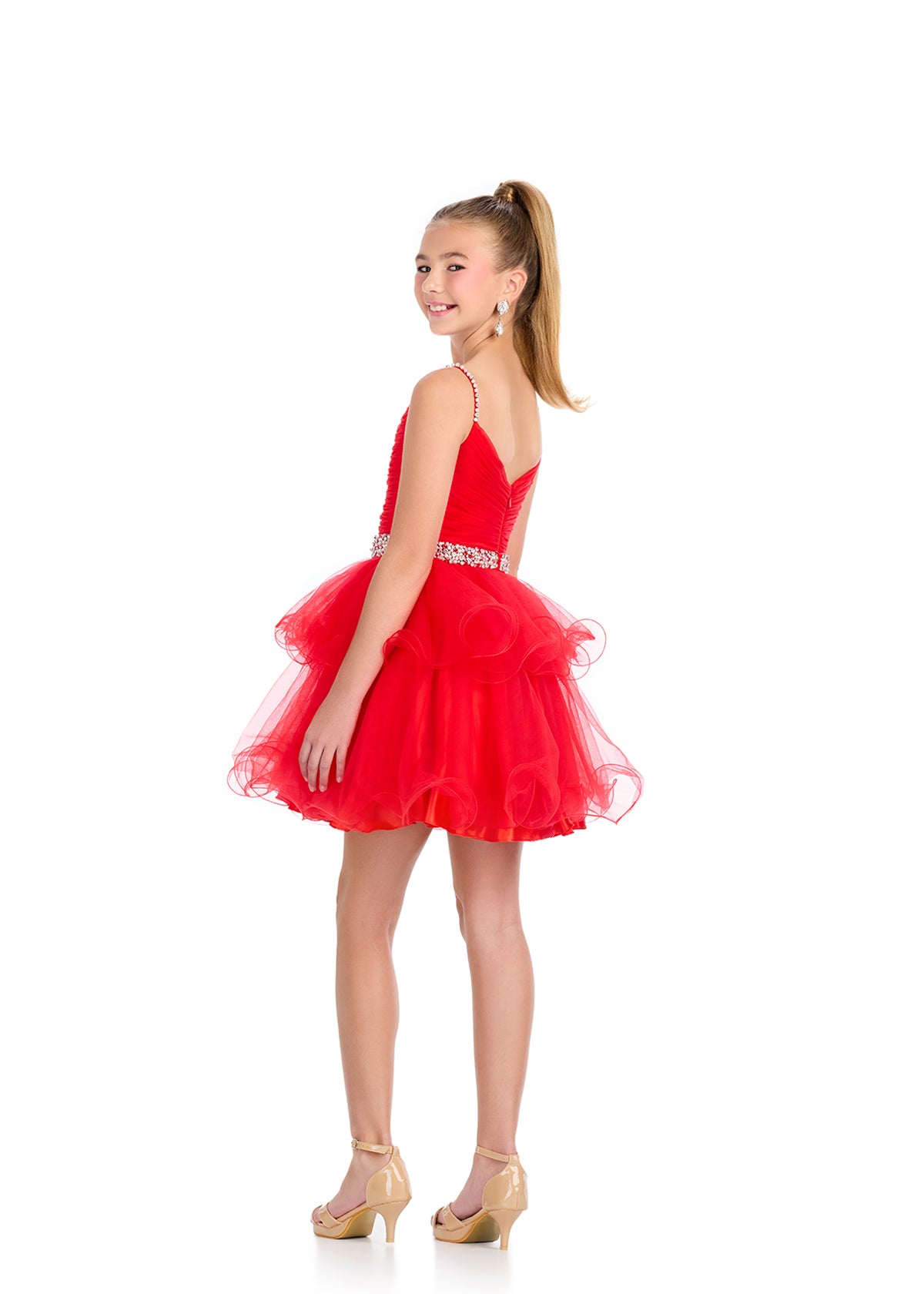 Back - Red ASHLEYlauren 8279 adorable tulle kids cocktail dress featuring a ruched bodice, V-back, beaded waistband and straps, and a tiered ruffle A-line skirt for a fun and elegant look.
