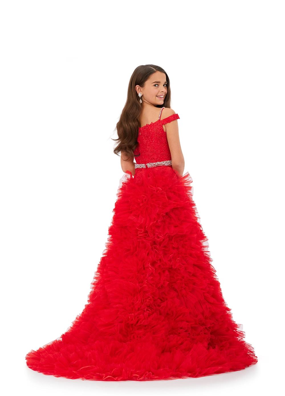 Back - Red ASHLEYlauren Kids 8224 Off Shoulder Gown with Embroidered Lace and Ruffled Tulle Skirt