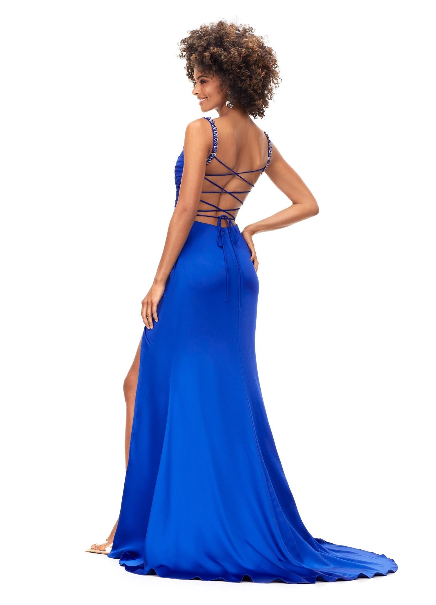 Back - Royal ASHLEYlauren 11298 satin gown featuring a modified sweetheart neckline with crystal trim, ruched bodice, wrap skirt with left leg slit, and lace-up back.