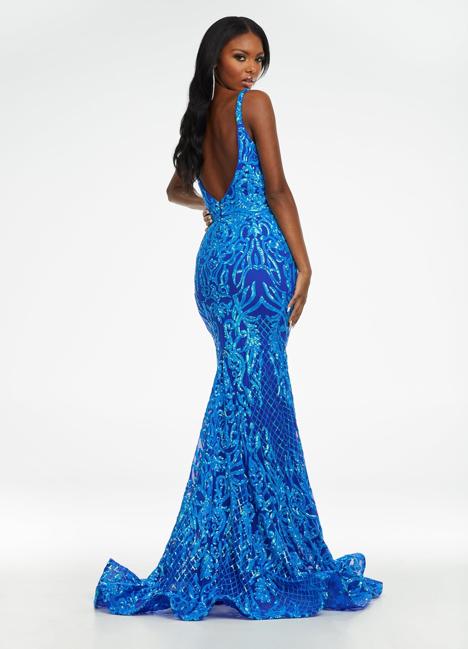 Back - Royal/Turquoise ASHLEYlauren 11113 stretch sequin gown featuring spaghetti straps, an illusion V-neckline, deep V-back, and a horsehair hem for a sleek and glamorous statement look.