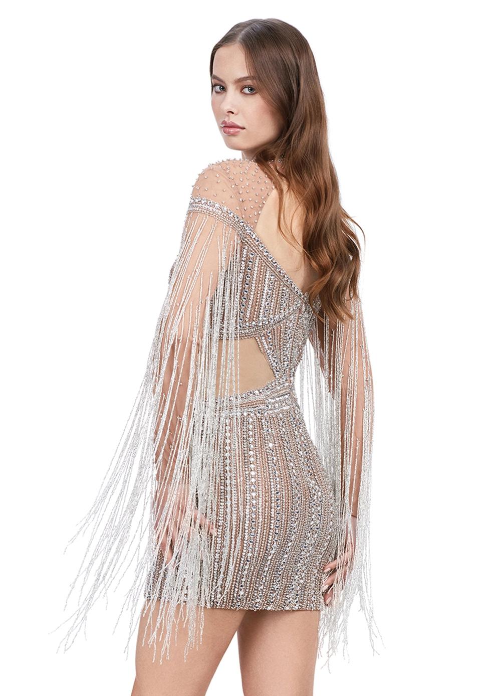 Back - Silver ASHLEYlauren 4601 fully beaded cocktail dress featuring a sweetheart neckline, illusion cut outs at the waist, open back, fitted skirt, and long sleeves with fringe for a dramatic and show-stopping look.
