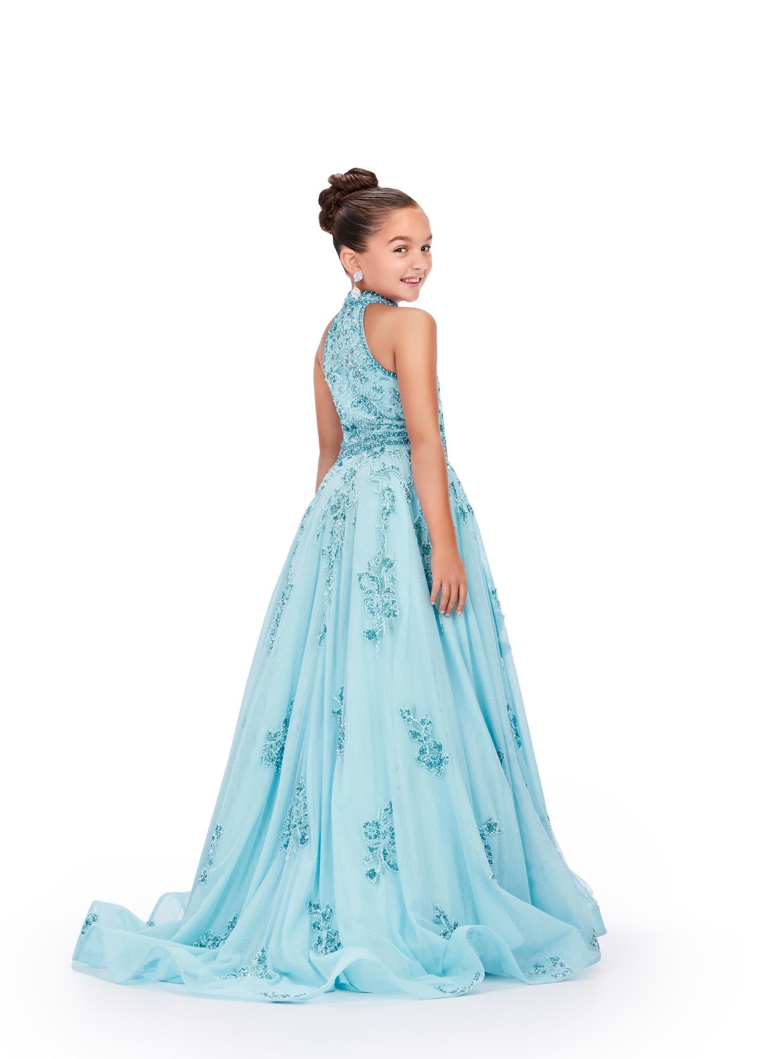 Back - Sky ASHLEYlauren 8238 kids ball gown featuring a halter neckline, ornately beaded bodice, crystal beaded waistline, and scattered beaded appliques cascading down the A-line skirt for a glamorous and elegant look.