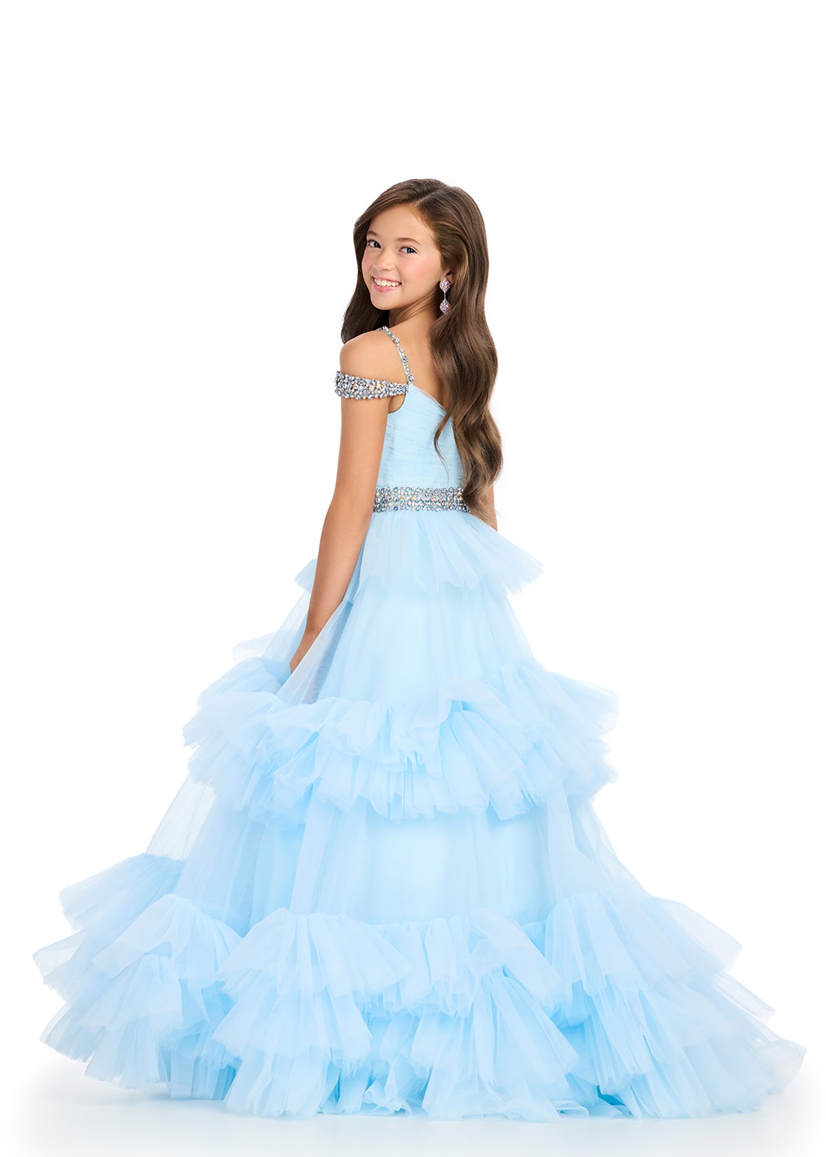 Back - Sky ASHLEYlauren 8281 stunning tulle kids ball gown featuring an off-shoulder design, ruched bodice, crystal-encrusted straps, a beaded waistline, and a tiered skirt for a show-stopping and elegant look.