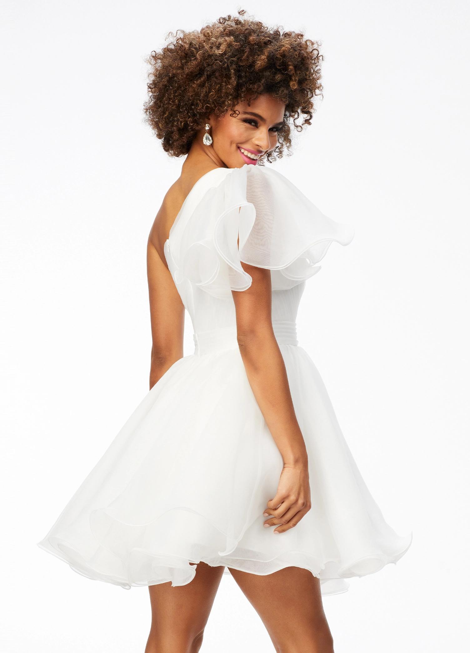 Back - White ASHLEYlauren 4524 organza cocktail dress featuring a one shoulder neckline with a flutter sleeve, an A-line skirt with a wire hem for added structure, and a playful, sassy vibe.