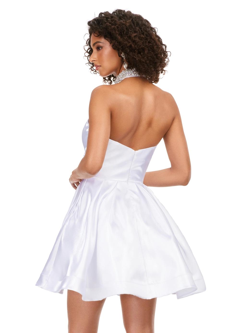 Back - White ASHLEYlauren 4644 strapless satin cocktail dress featuring a sweetheart neckline, A-line skirt, and a fully beaded choker for an elegant and sophisticated look.