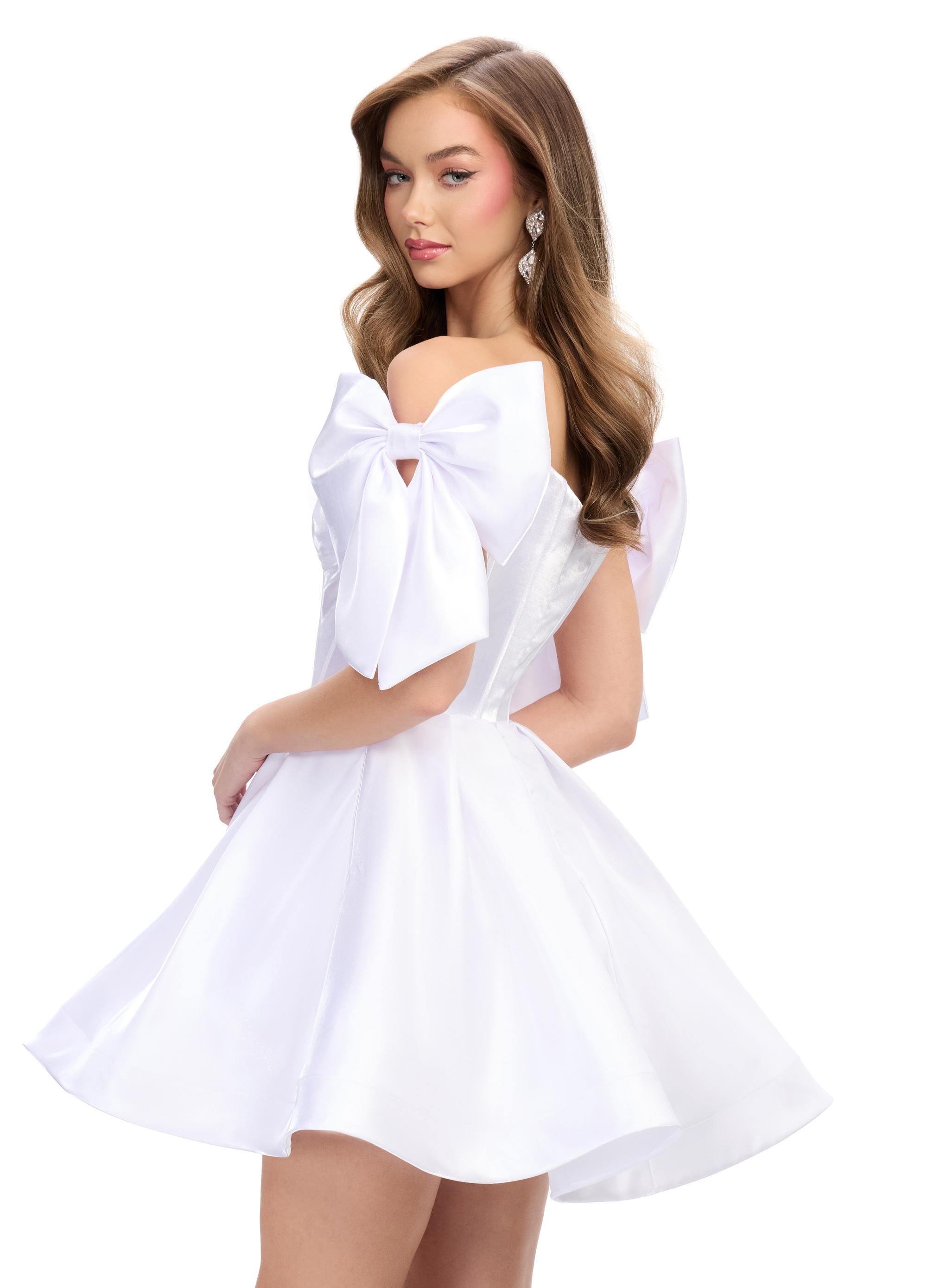 Back - White ASHLEYlauren 4788 satin cocktail dress featuring a sweetheart neckline, off shoulder bow details, corset bustier, and a full A-line skirt for a dainty, elegant, and timeless look.