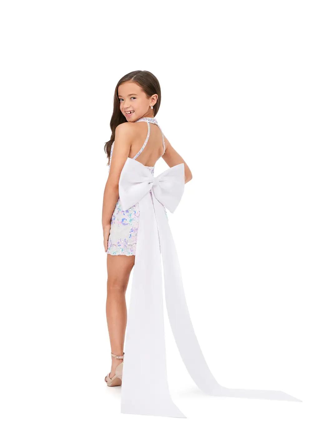 Back - White ASHLEYlauren 8231 fully beaded romper featuring a halter neckline, intricate bead pattern, oversized removable bow on the back, and sweeping bow tails that create a dramatic train for a standout look.