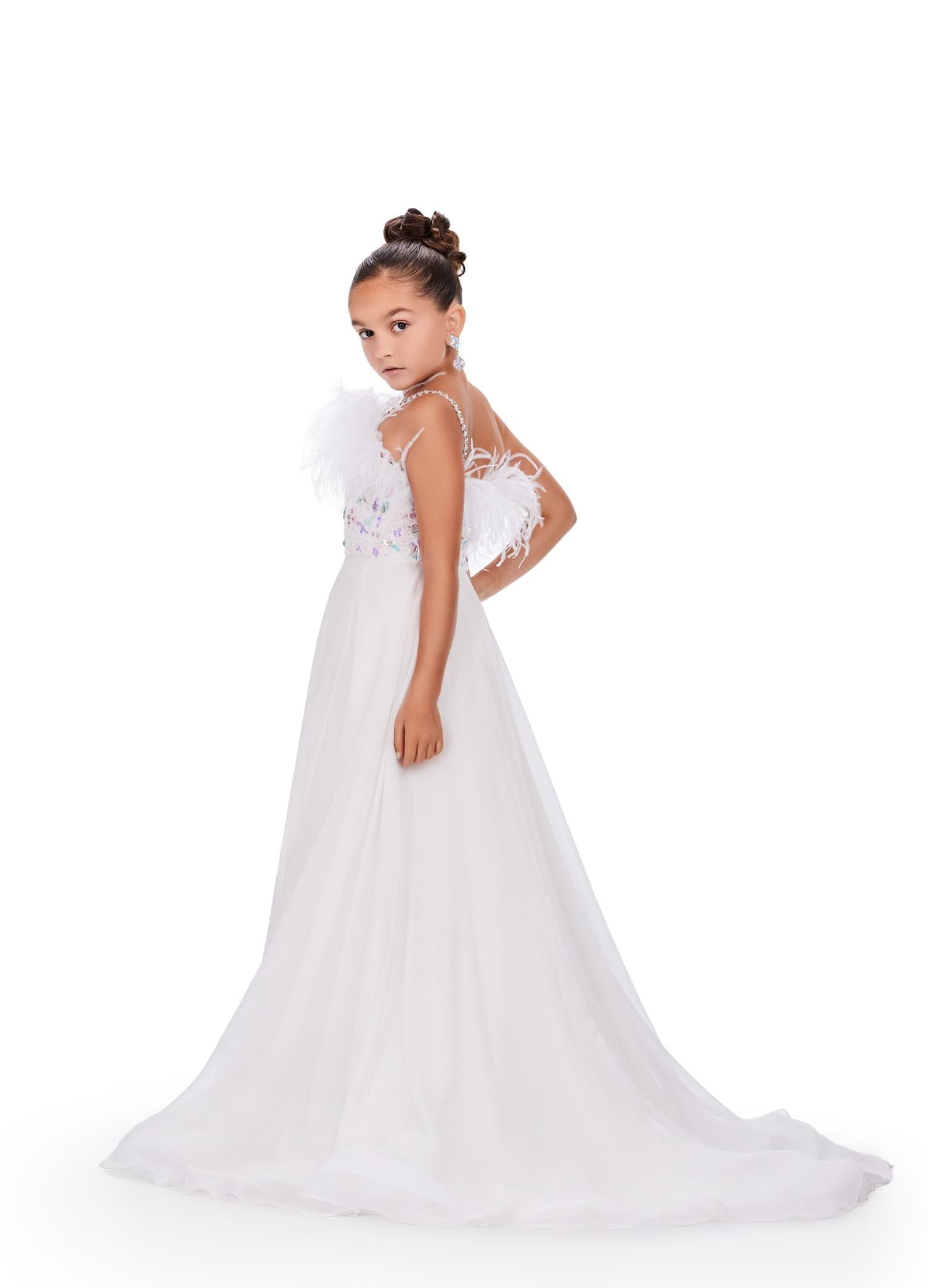 Back - White ASHLEYlauren 8236 fun and flowy A-line ball gown featuring delicate spaghetti straps, a beaded bustier adorned with a mix of beads and feathers, creating a bold and statement-making look.