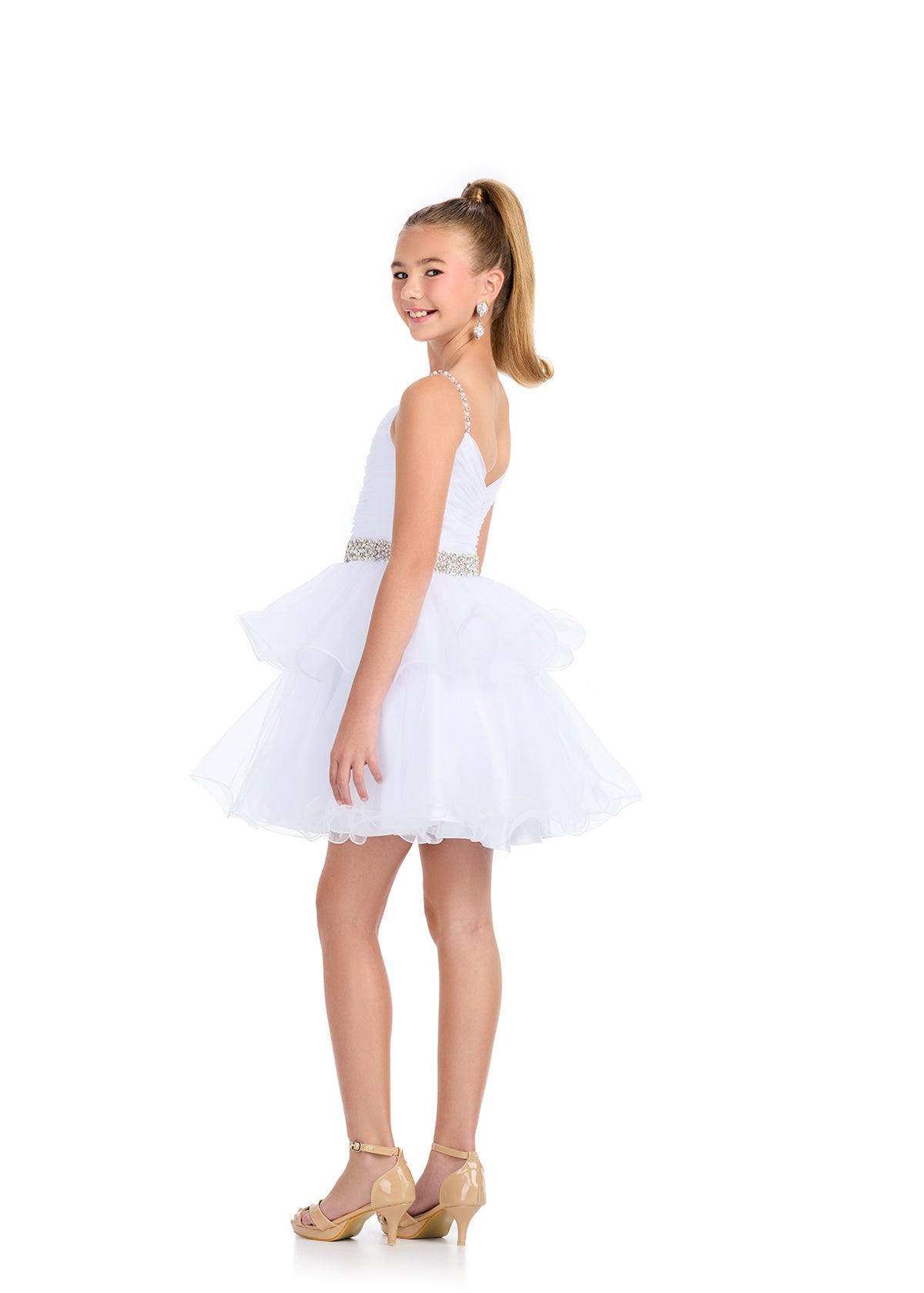 Back - White ASHLEYlauren 8279 adorable tulle kids cocktail dress featuring a ruched bodice, V-back, beaded waistband and straps, and a tiered ruffle A-line skirt for a fun and elegant look.