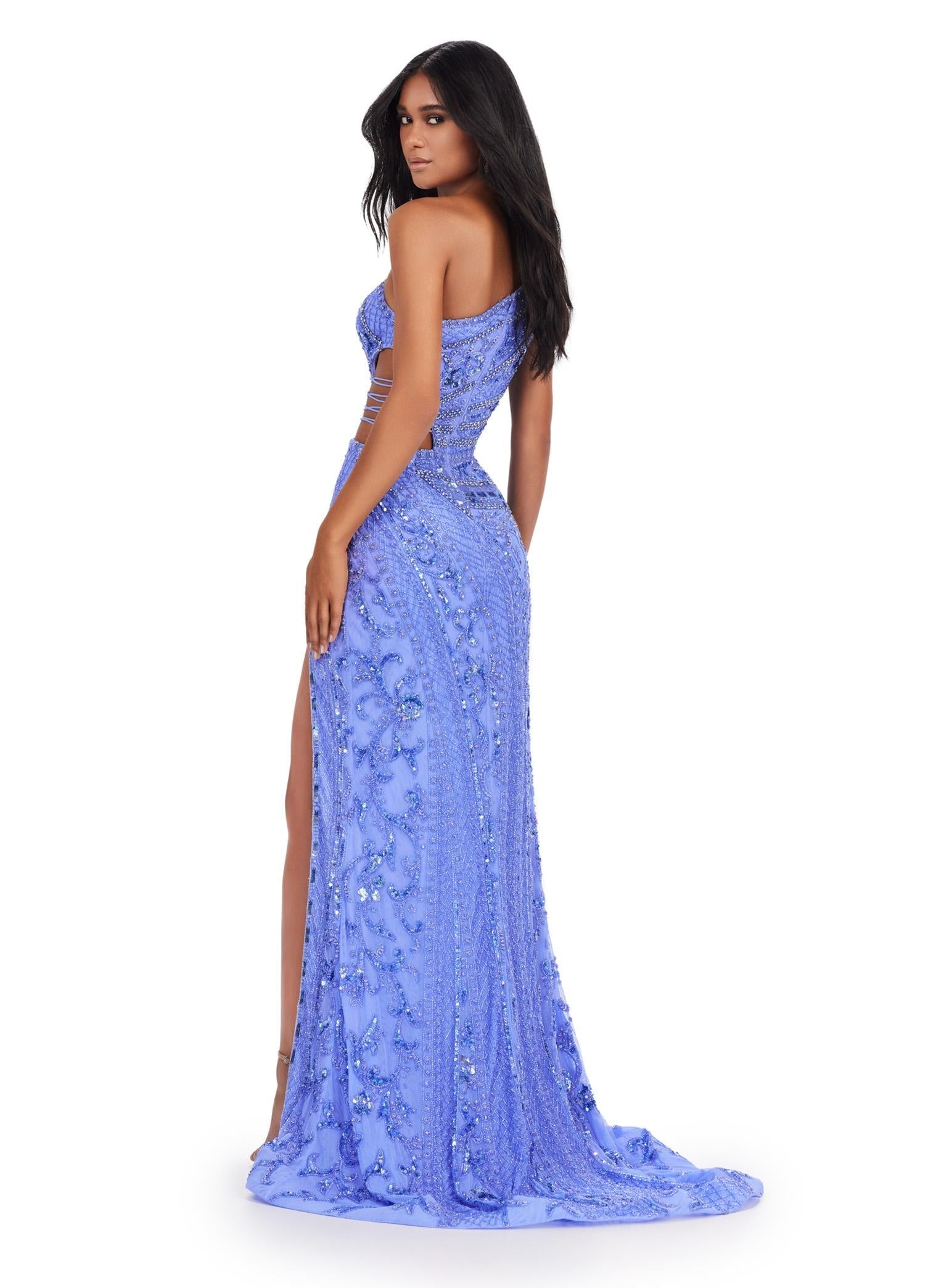 Back. ASHLEYlauren 11489 Periwinkle Fully Beaded One Shoulder Gown with Asymmetric Cut Outs, Intricate Beaded Design, and Left Leg Slit