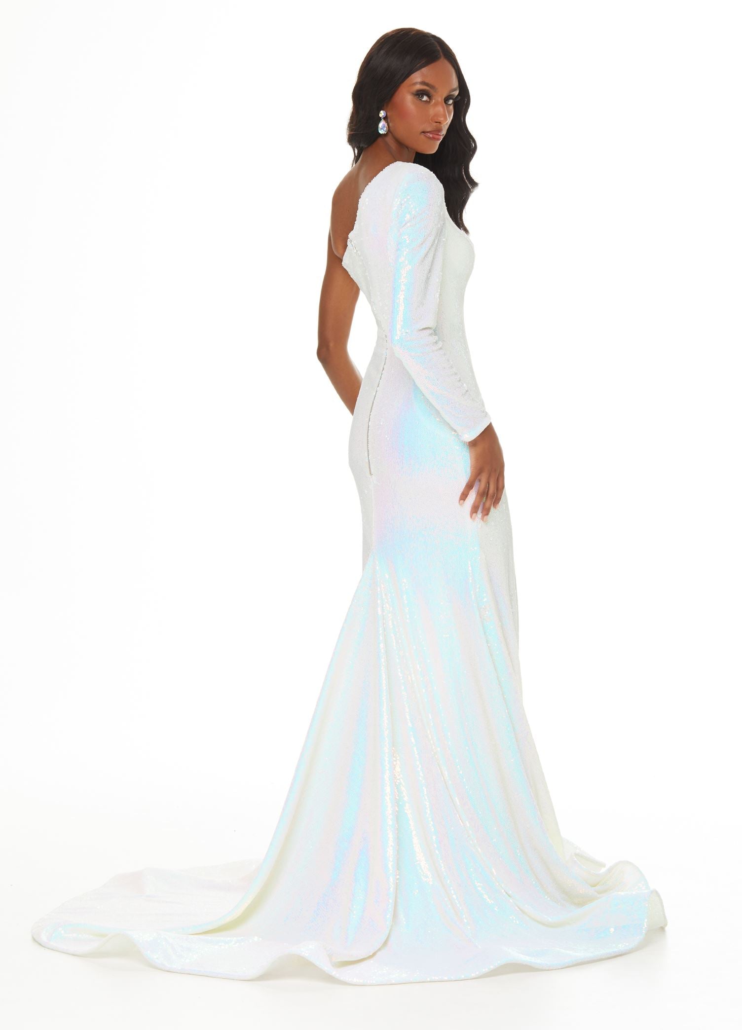 Back - Ab/Ivory ASHLEYlauren 11026 fully sequin gown featuring a one shoulder neckline with a single long sleeve, high left leg slit, full train, and an exposed zipper for a bold and glamorous look.