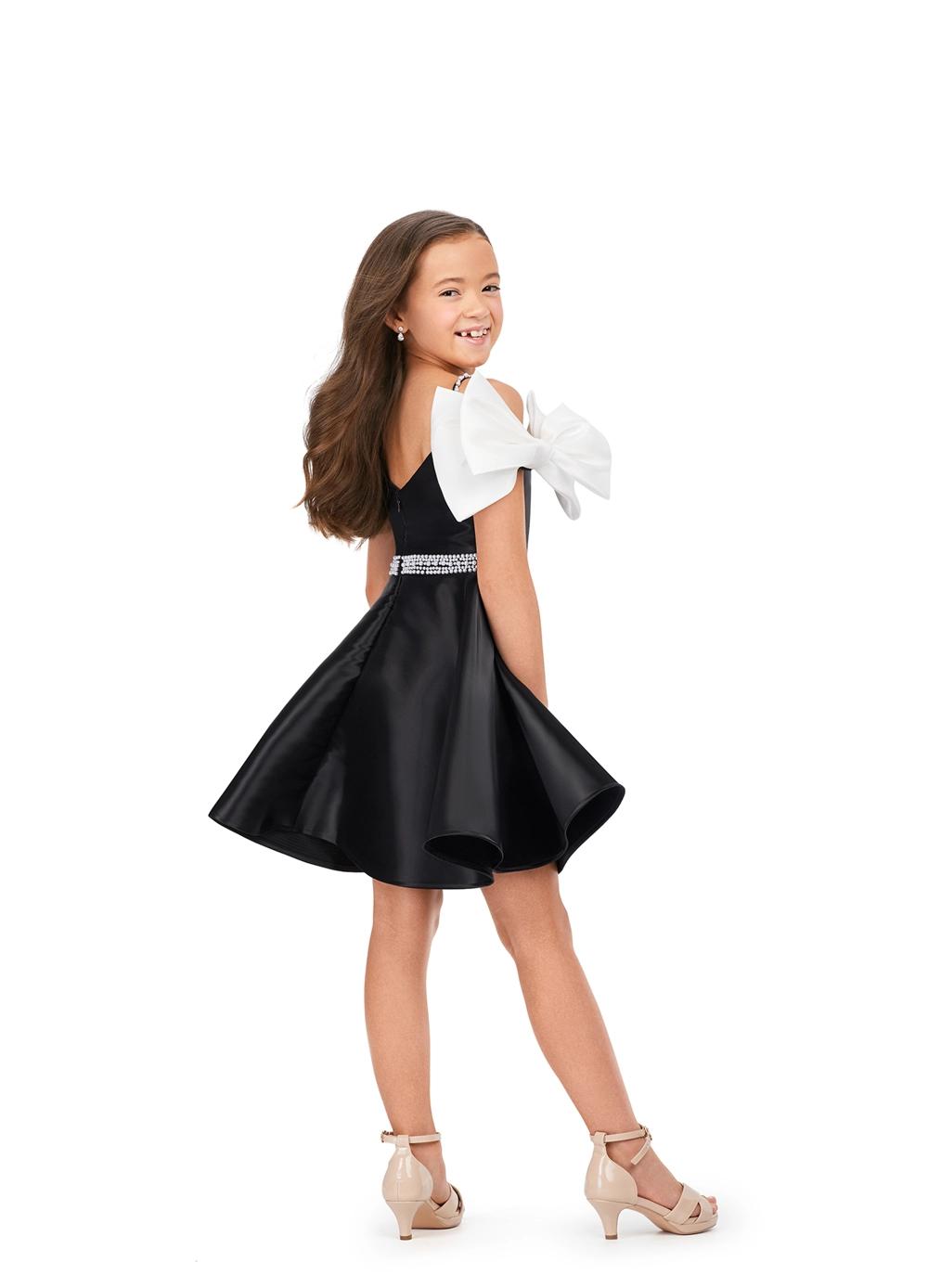 Back - Black/Ivory ASHLEYlauren Kids 8223 Off Shoulder Phantom Satin Dress with Pearl Belt and Bow Sleeves