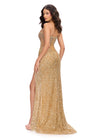 ASHLEYlauren 11238 | Gold jaw-dropping strapless gown featuring a fitted silhouette, corset bustier with stunning crystal beadwork, a fully beaded wrap skirt, and a left leg slit for a glamorous red carpet-worthy look.