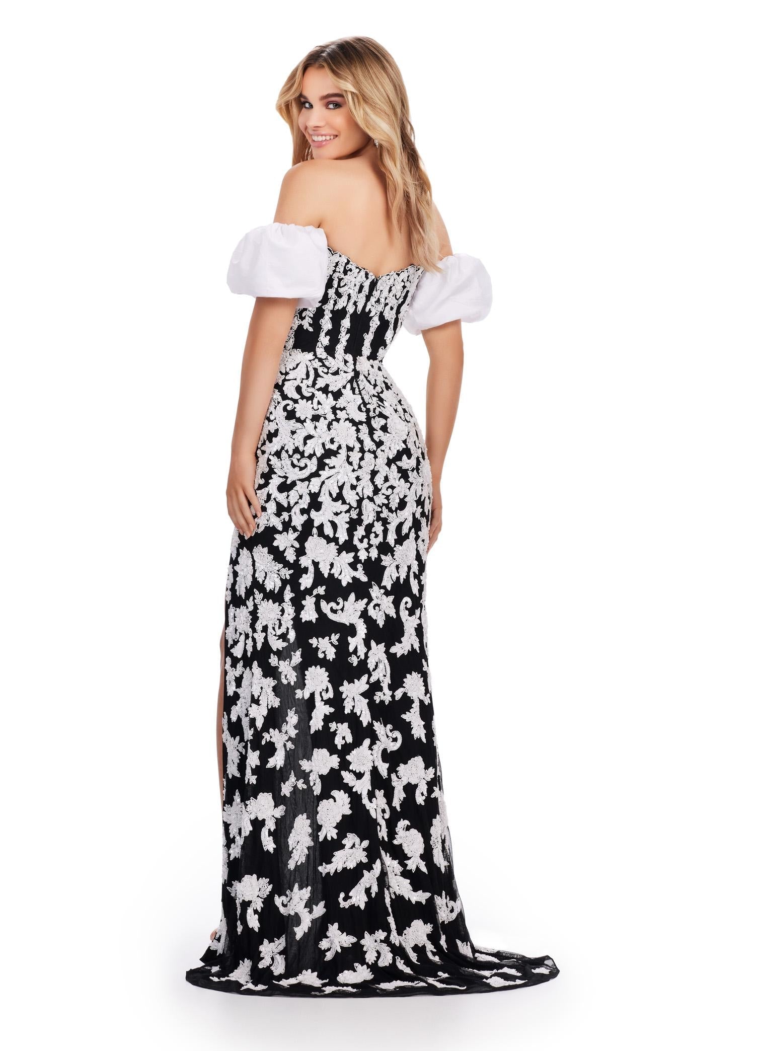 Back. Ivory/Black ASHLEYlauren 11585 Fully Beaded Strapless Gown with Intricate Lace Pattern, Sweetheart Neckline, Off Shoulder Puff Sleeves, and Left Leg Slit